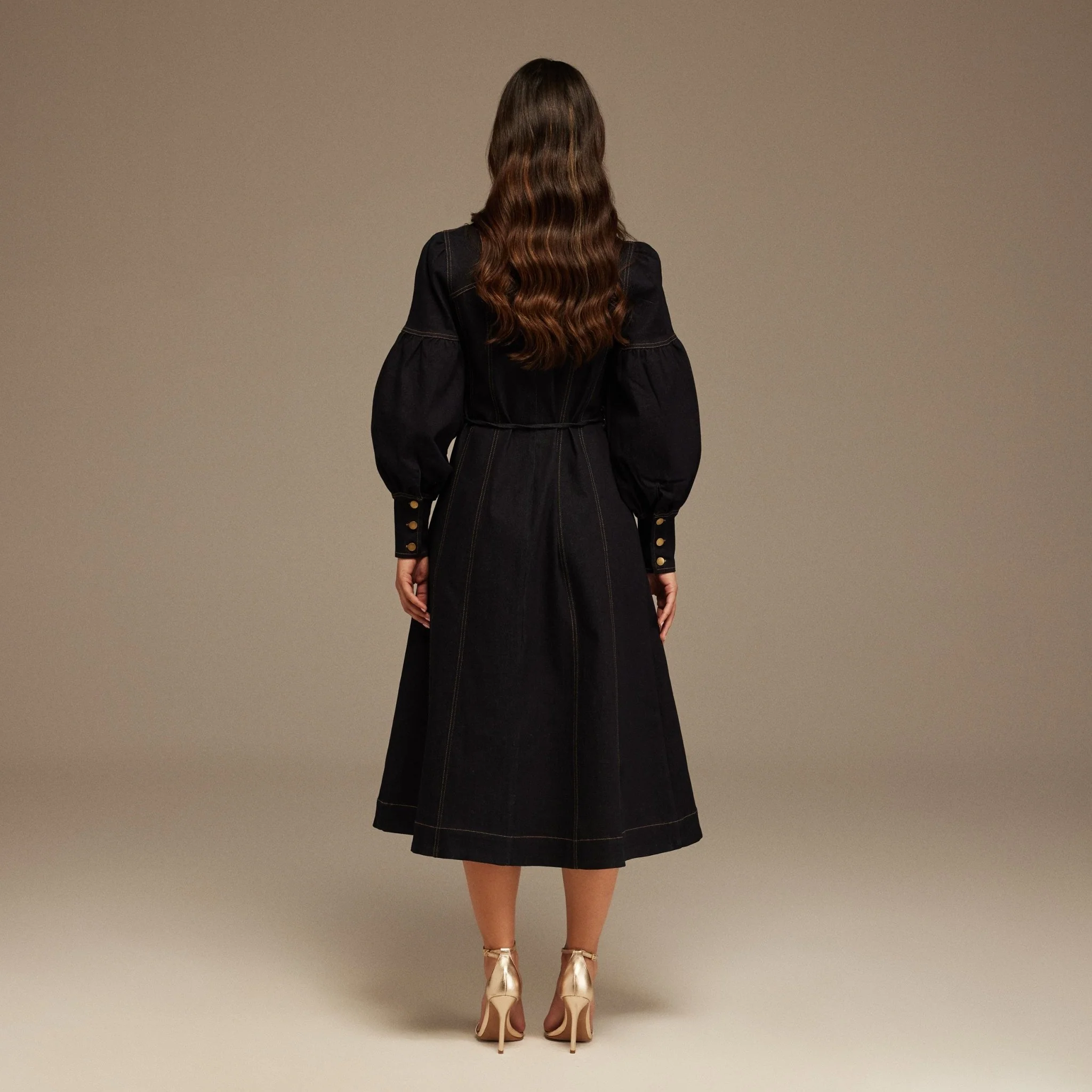 Denim Puff Sleeve Tie Neck Midi Dress - Image 4