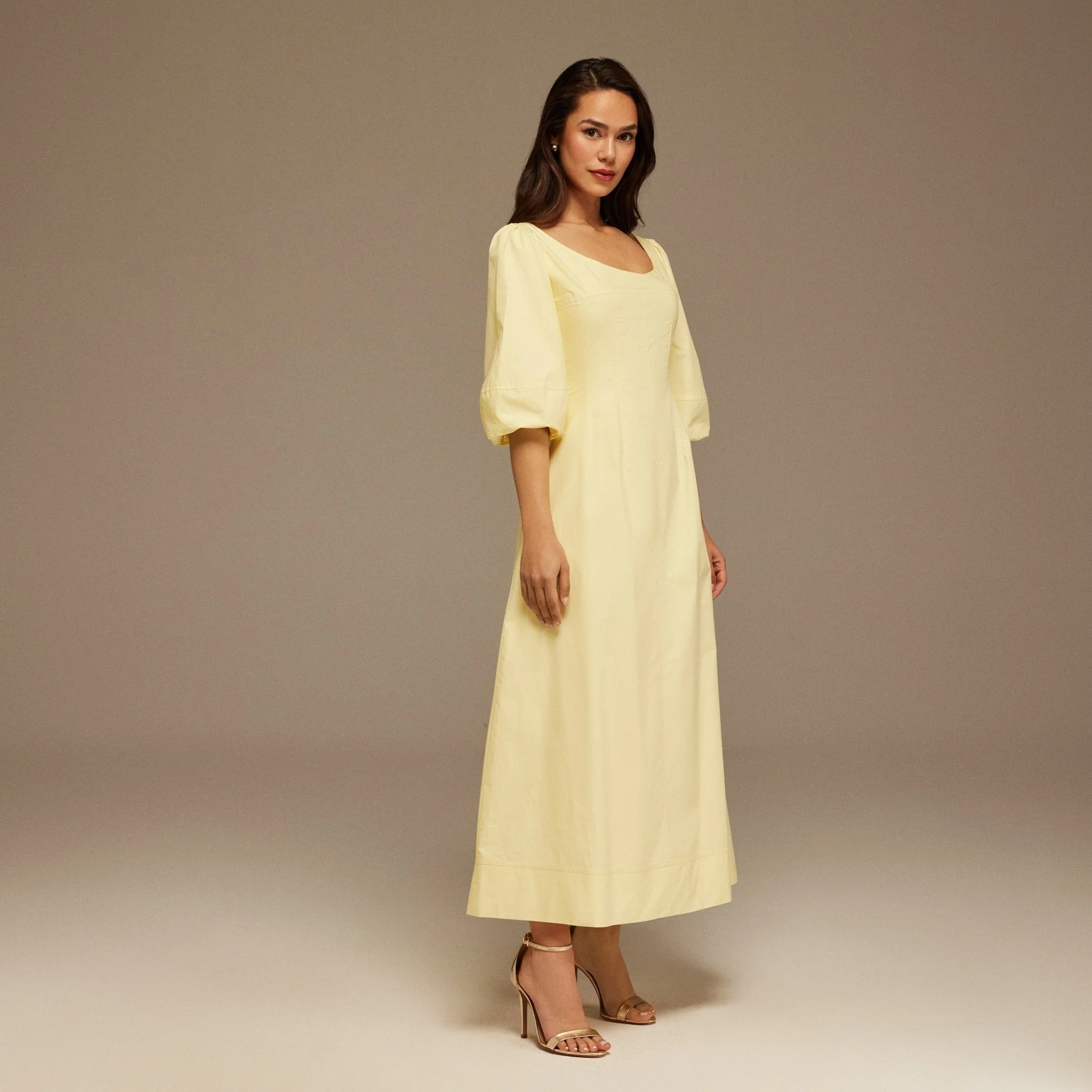 Yellow Puffed Sleeve Aline Poplin Dress - Image 2