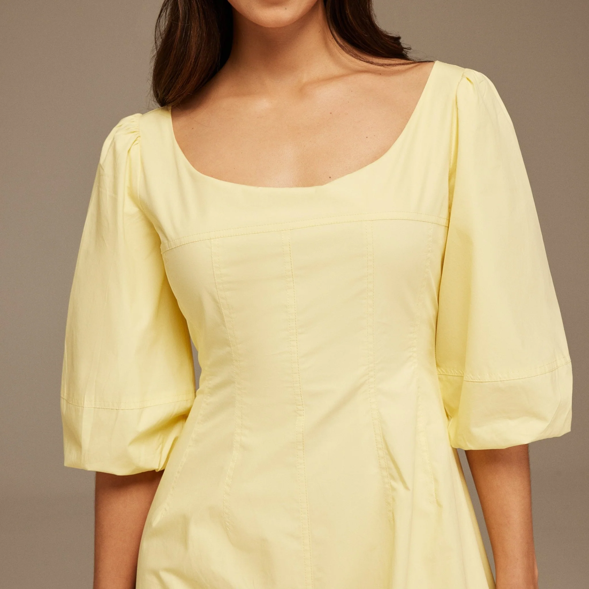 Yellow Puffed Sleeve Aline Poplin Dress - Image 3