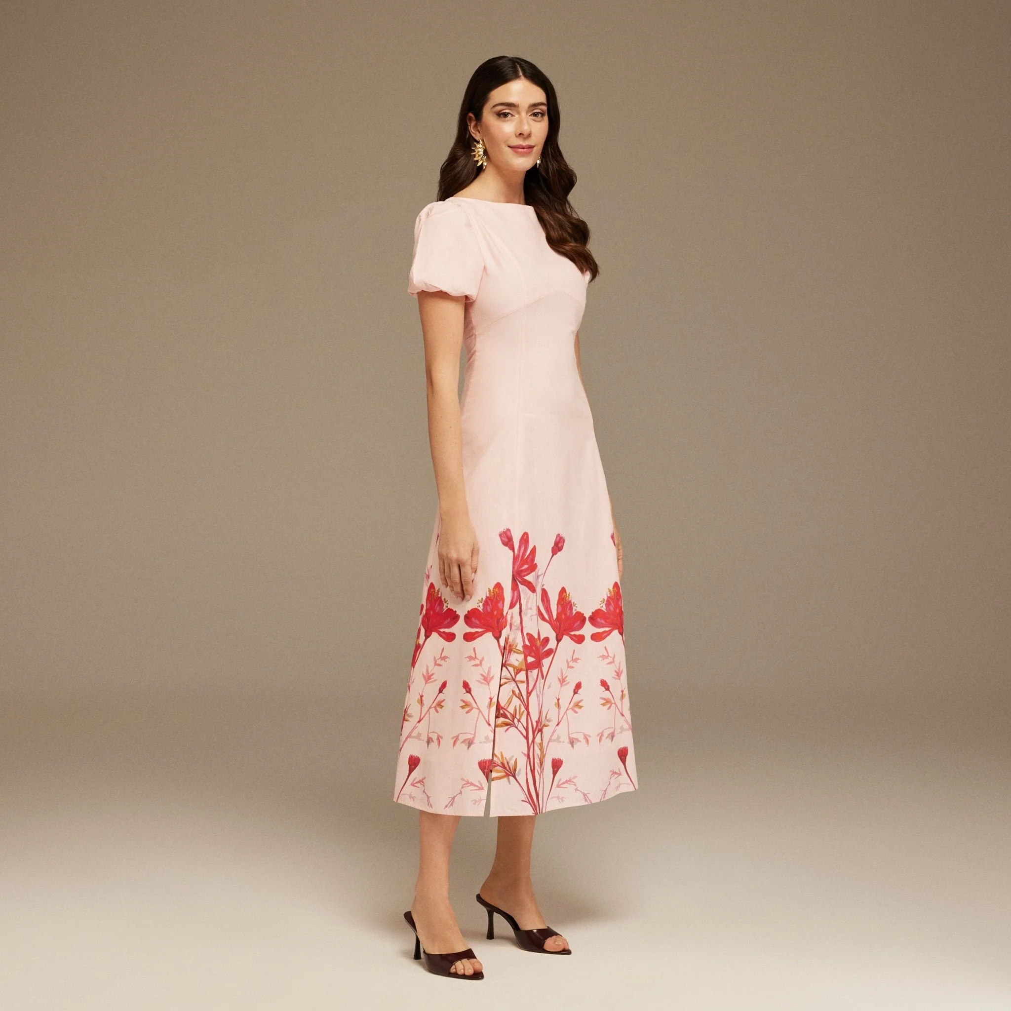 Puffy Sleeve Midi Dress With Printed Hem - Image 2