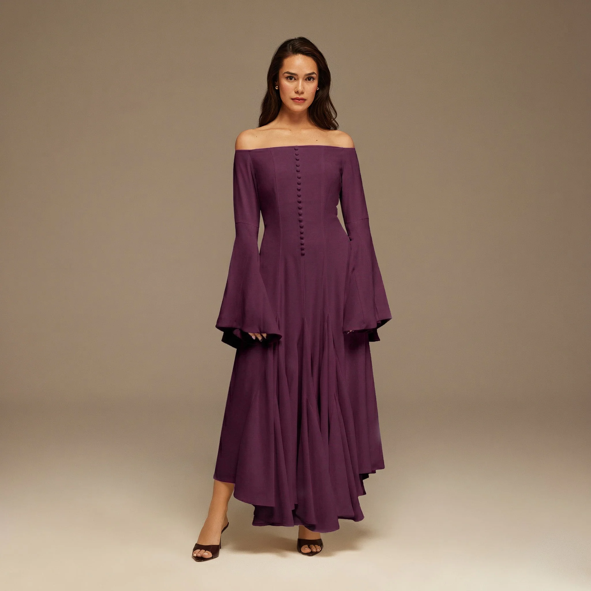 Purple Crepe Off Shoulder A-line Midi Dress