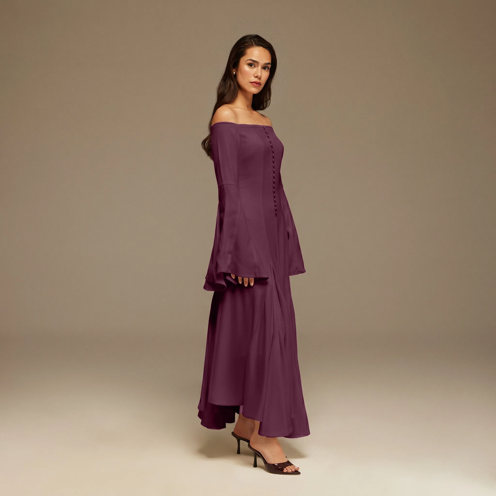 Purple Crepe Off Shoulder A-line Midi Dress - Image 2