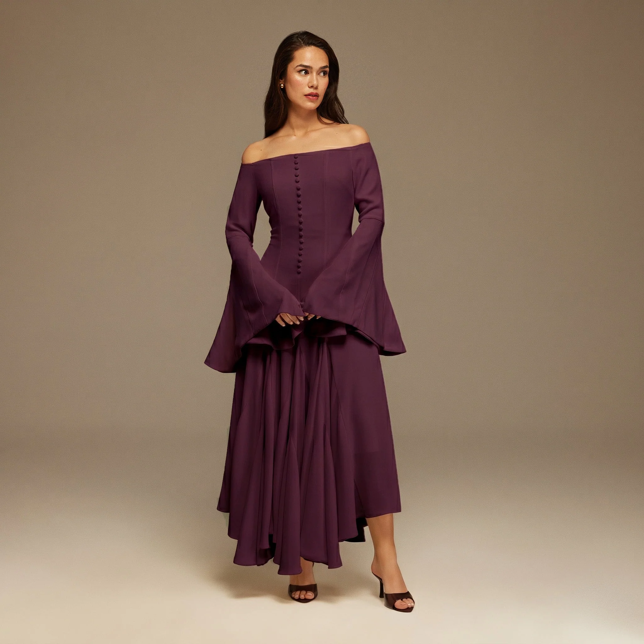 Purple Crepe Off Shoulder A-line Midi Dress - Image 3