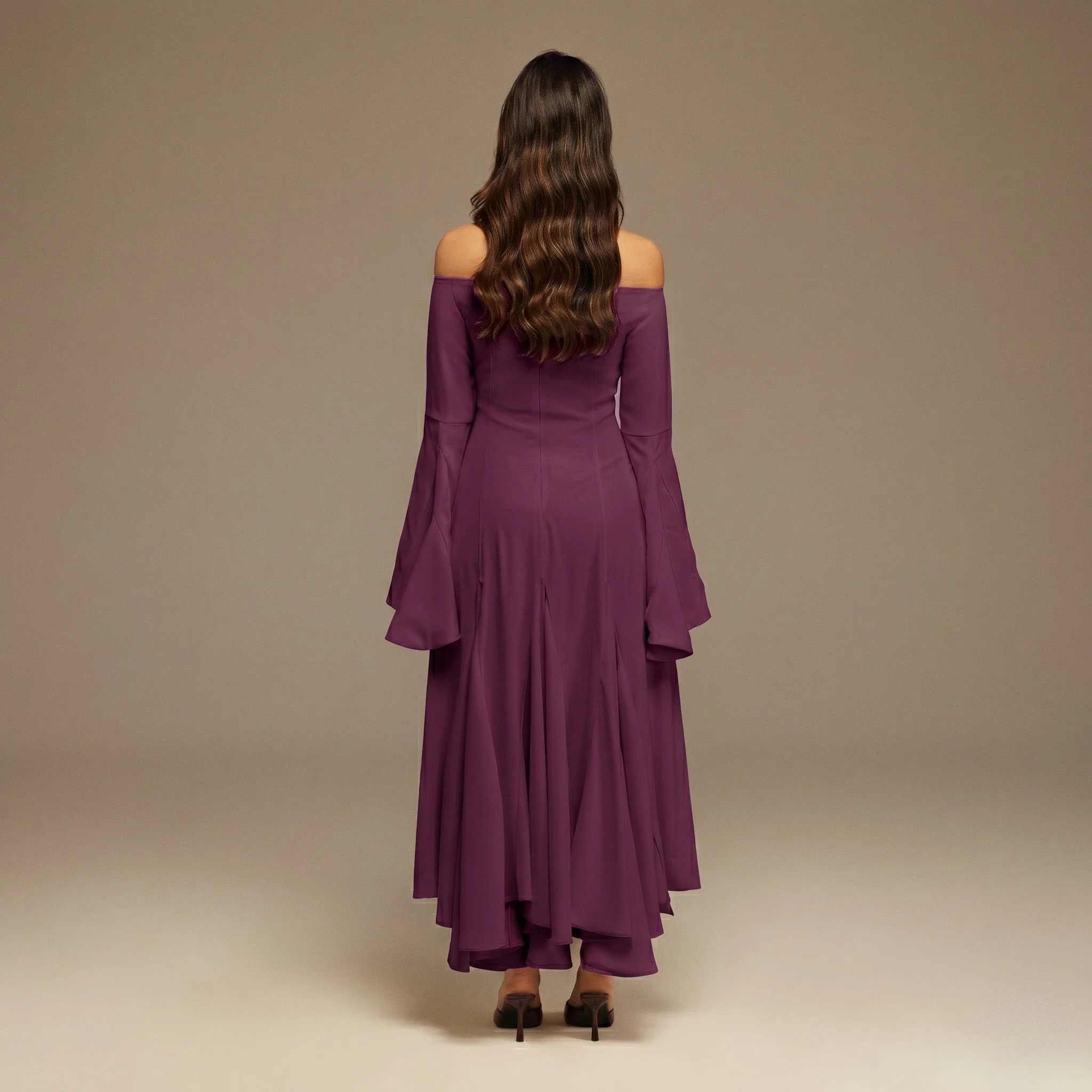 Purple Crepe Off Shoulder A-line Midi Dress - Image 4