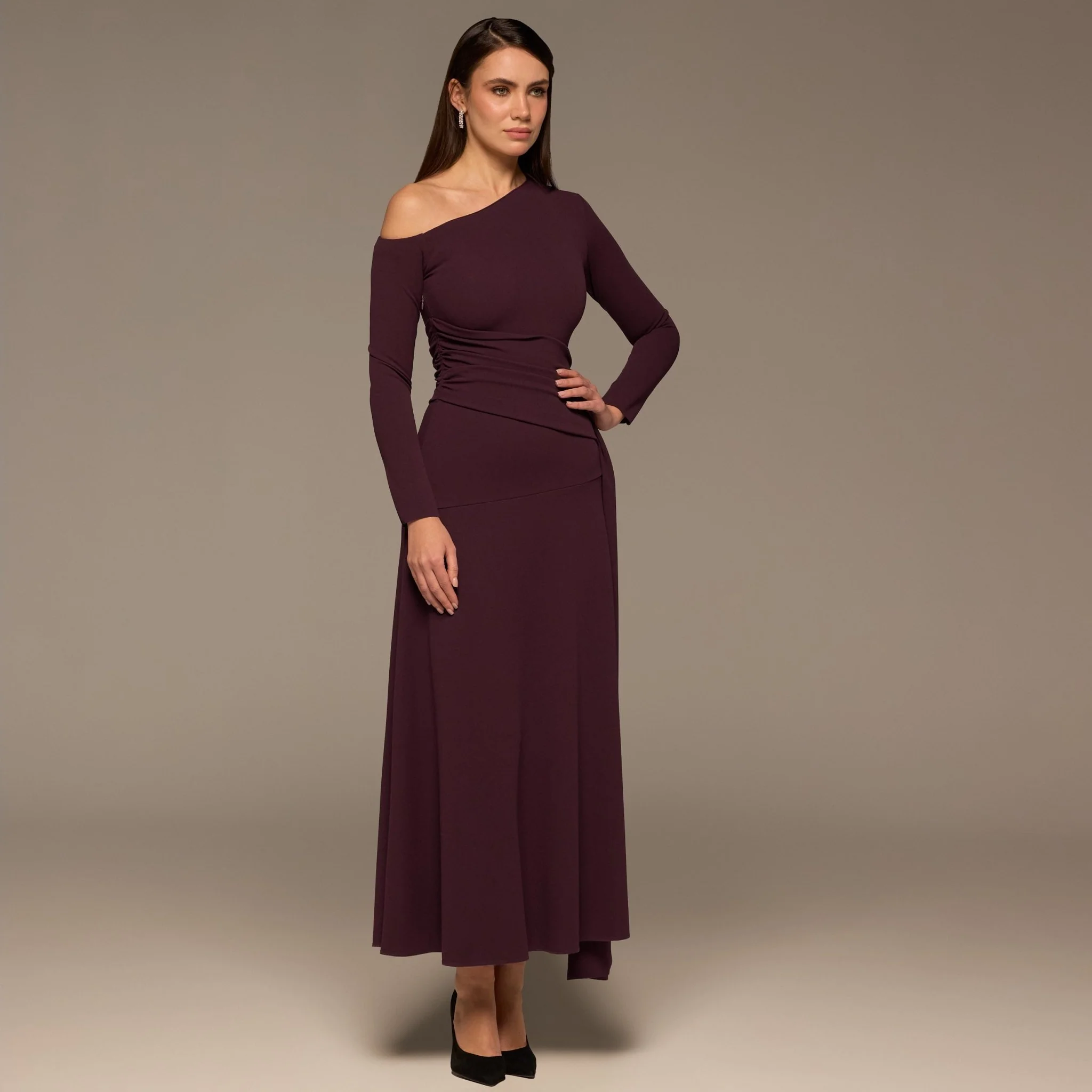 Purple One-Shoulder Drape Waist Crepe Dress - Image 2