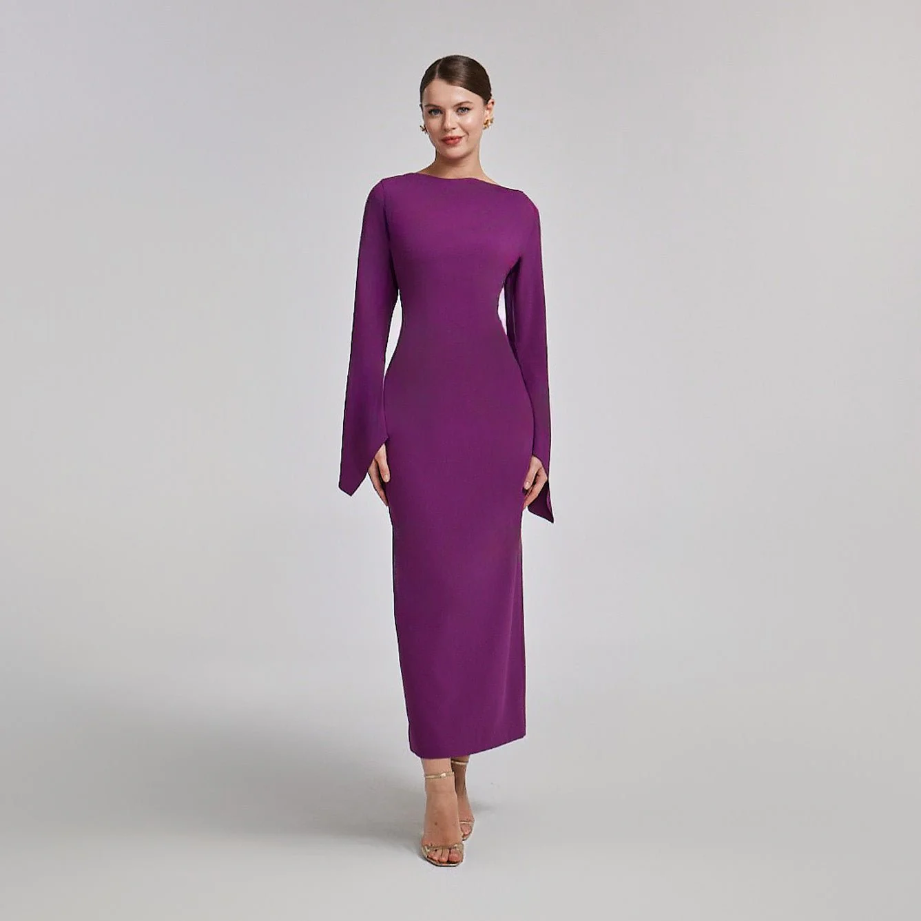 Purple Flared Long Sleeve Maxi Dress - Image 2