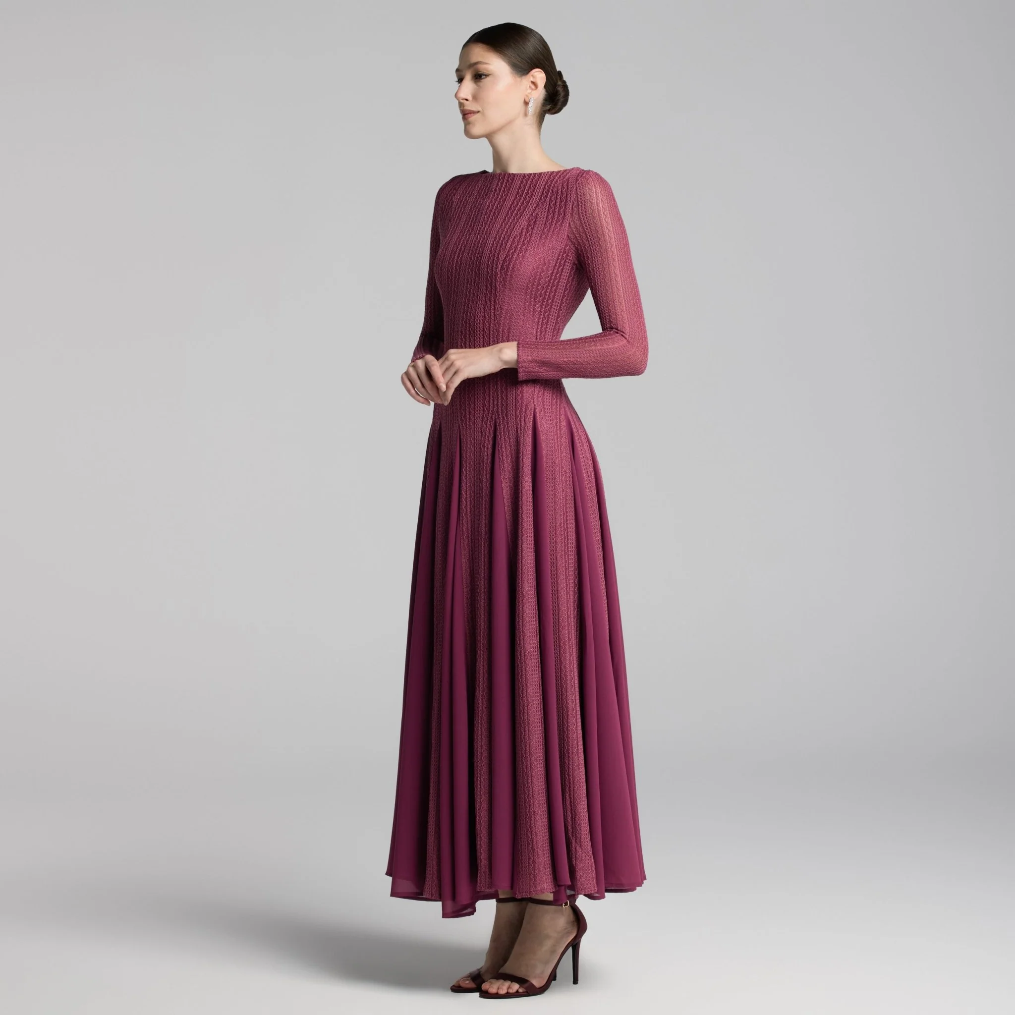 Plum Long Sleeves Godet Maxi Dress - Image 2
