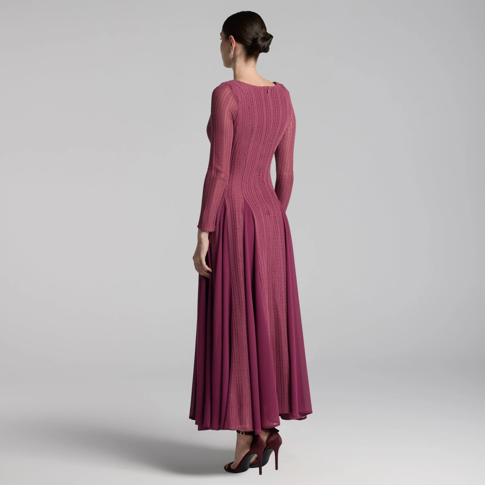 Plum Long Sleeves Godet Maxi Dress - Image 4