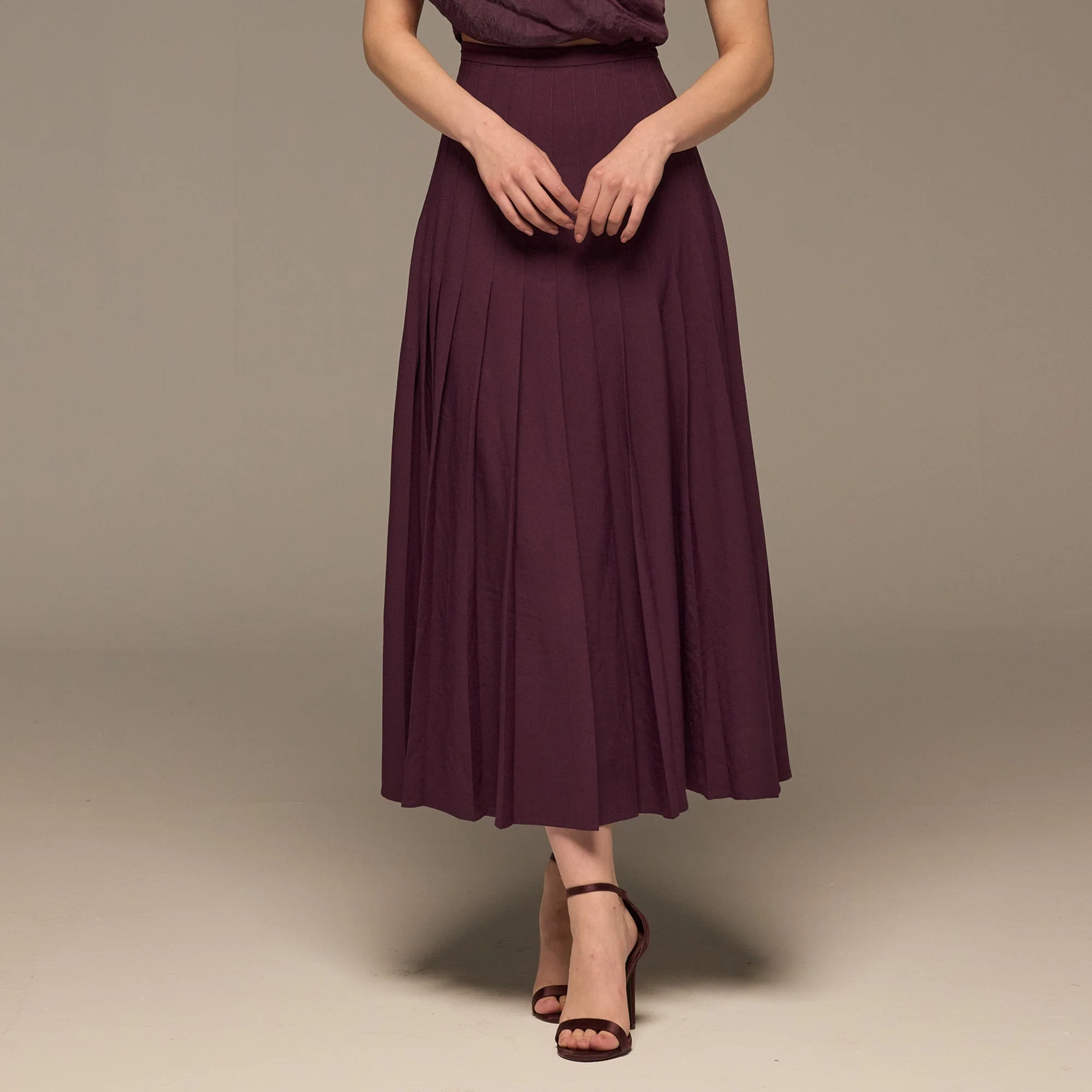 Purple Pleated A Line Crepe Skirt