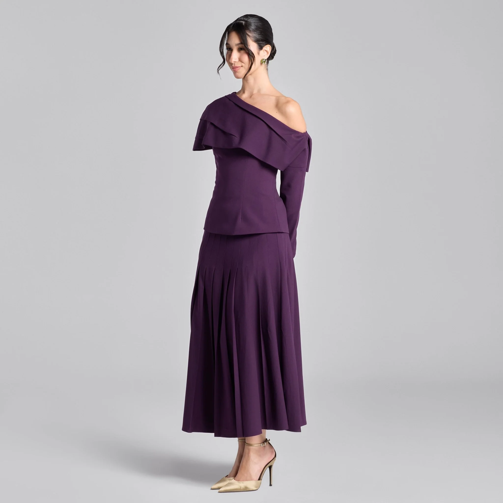 Purple Pleated Crepe Maxi Skirt - Image 4