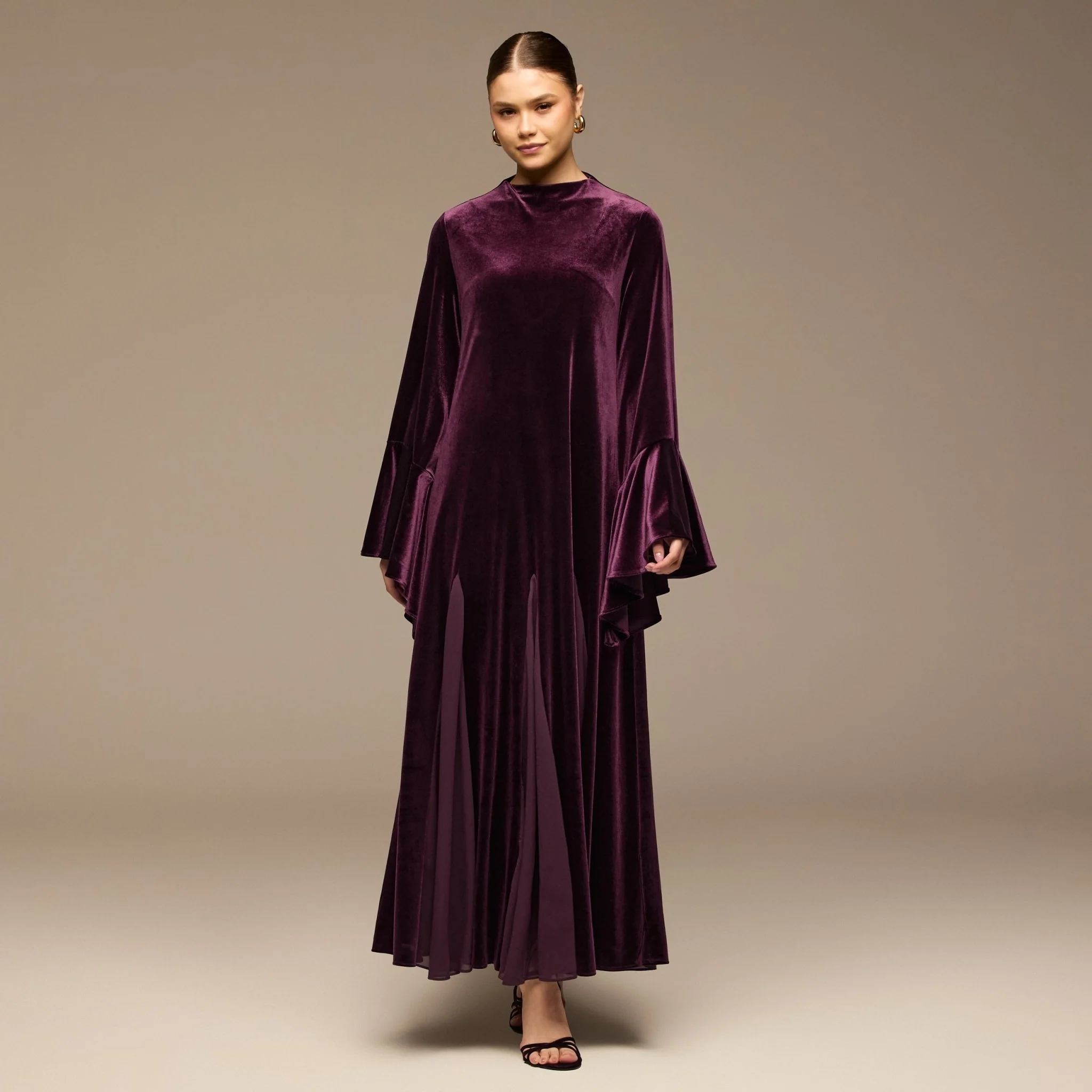 Purple High Neck Velvet Maxi Dress with Flared Sleeves