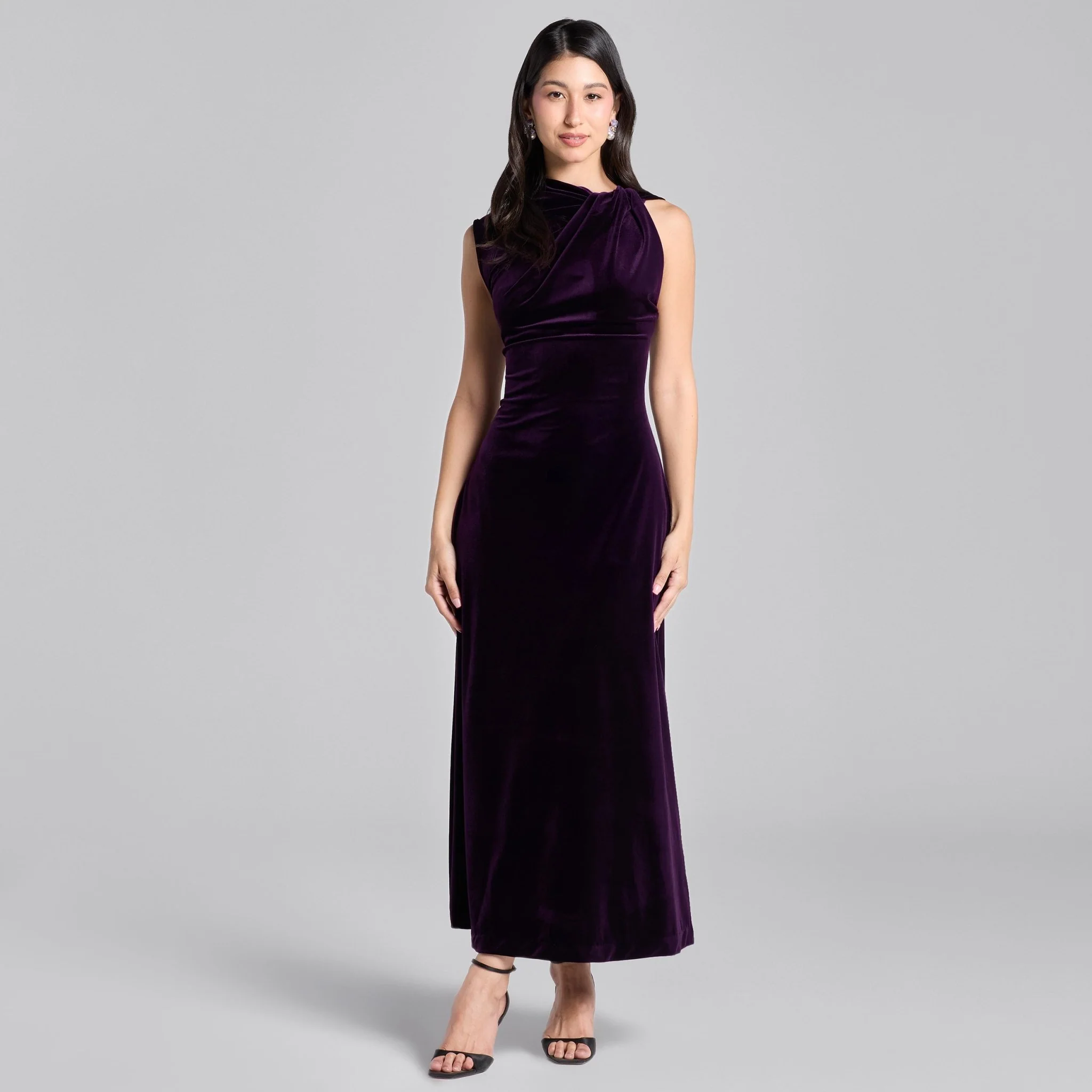 Purple Shoulder Knot Velvet Maxi Dress