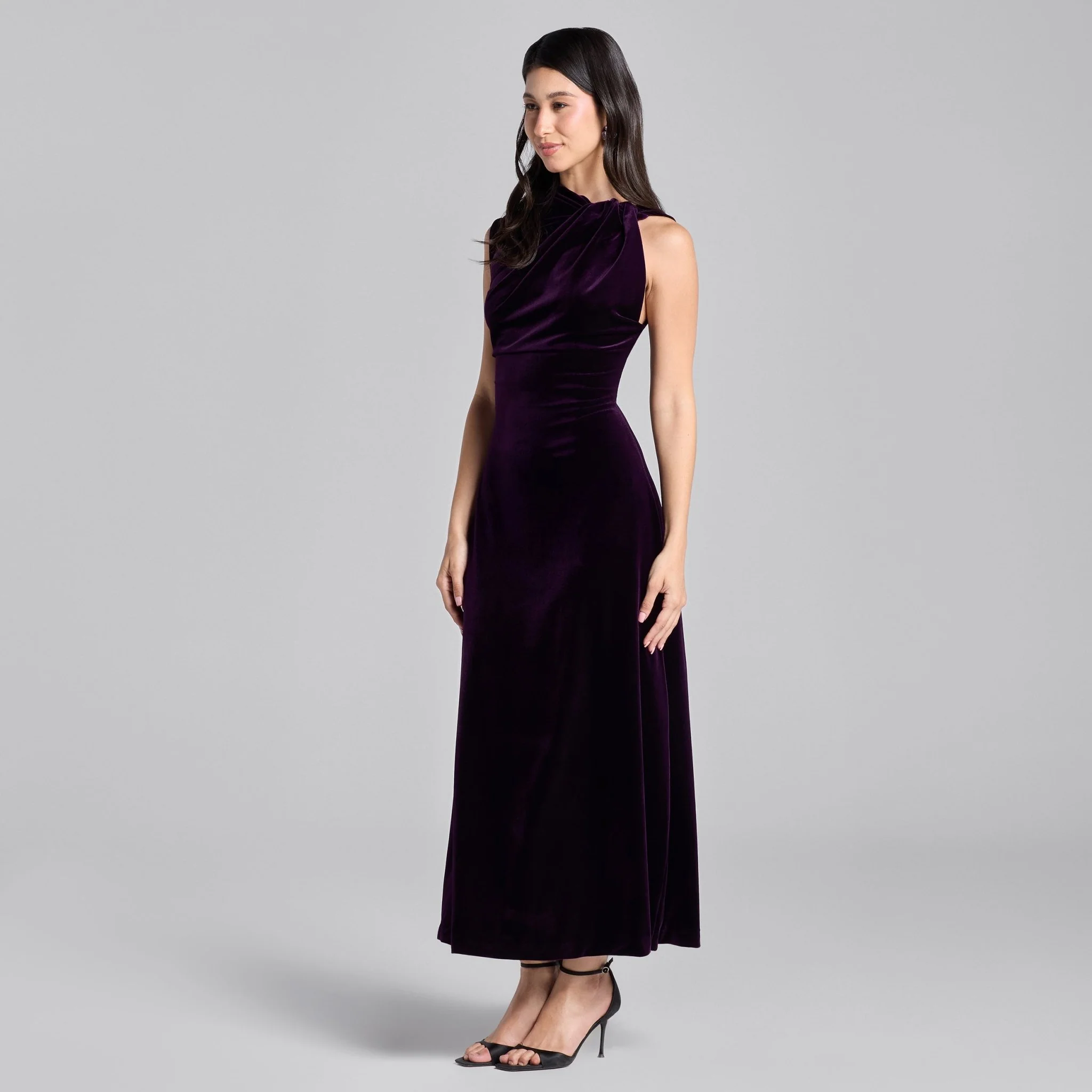 Purple Shoulder Knot Velvet Maxi Dress - Image 2