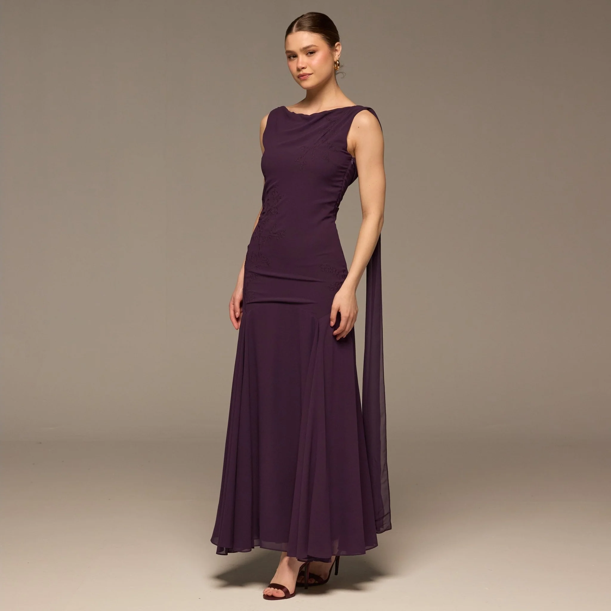 Purple Sleeveless Embroidered Chiffon Maxi Dress - Image 2
