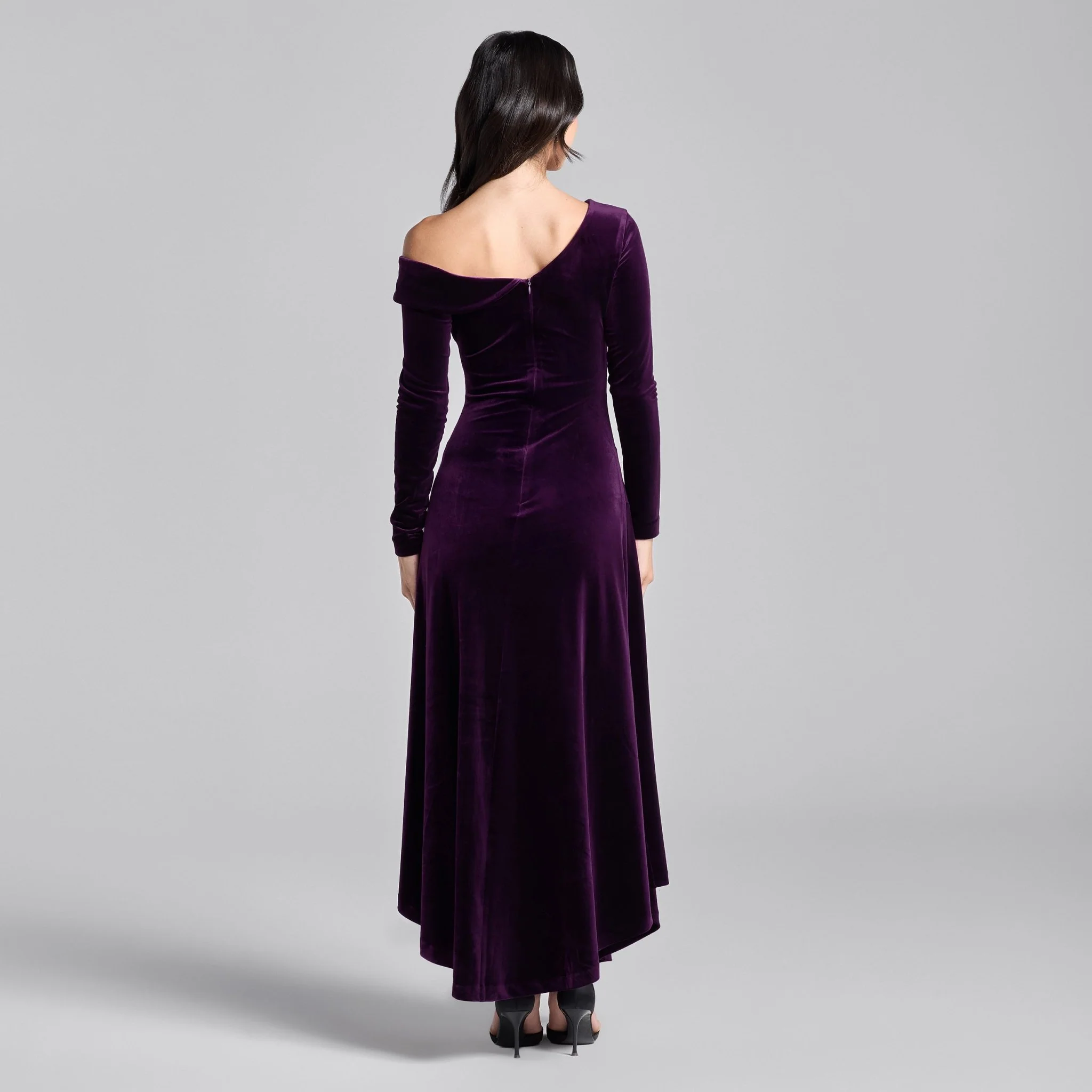 Purple Velvet Asymmetric Neckline Midi Dress - Image 4