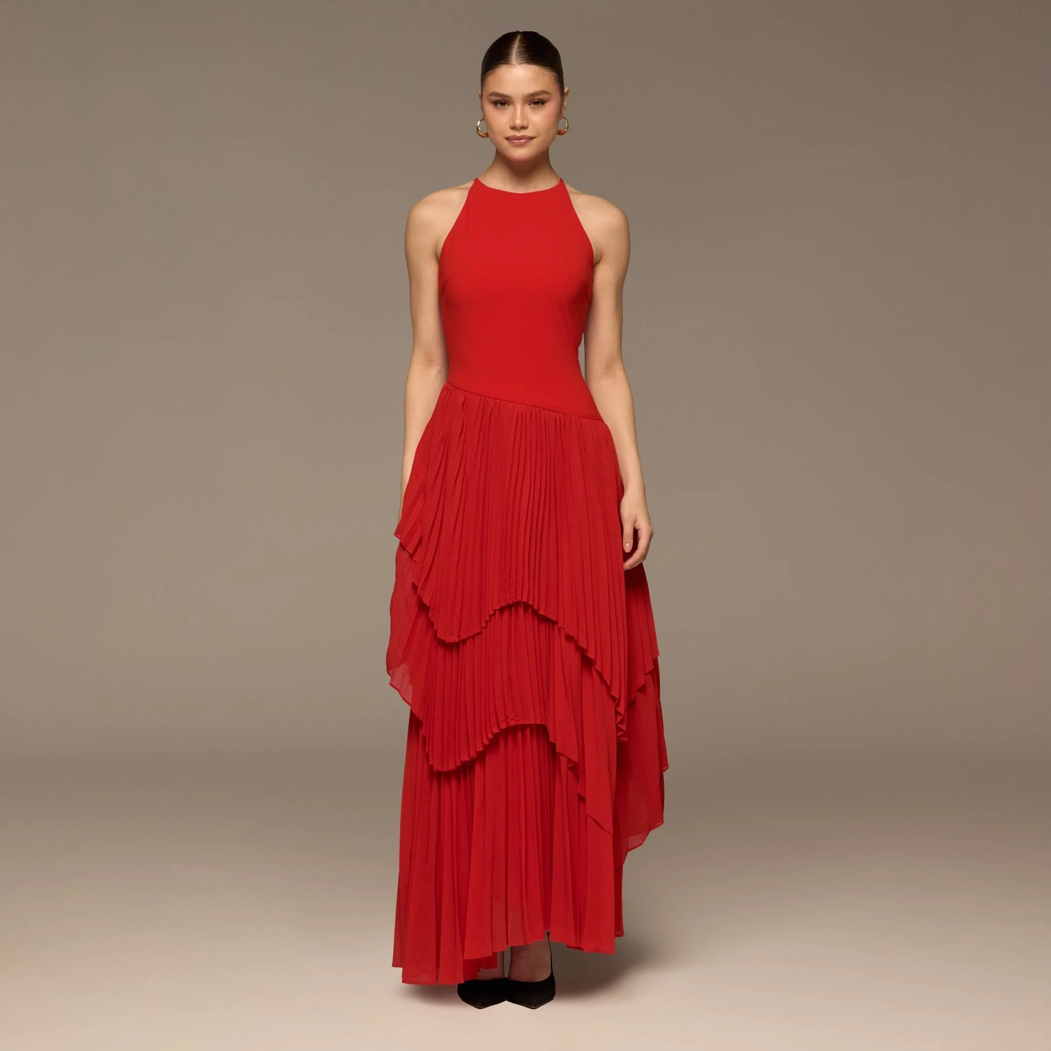 Red Crepe & Chiffon Maxi Dress with Tiered Pleated Skirt