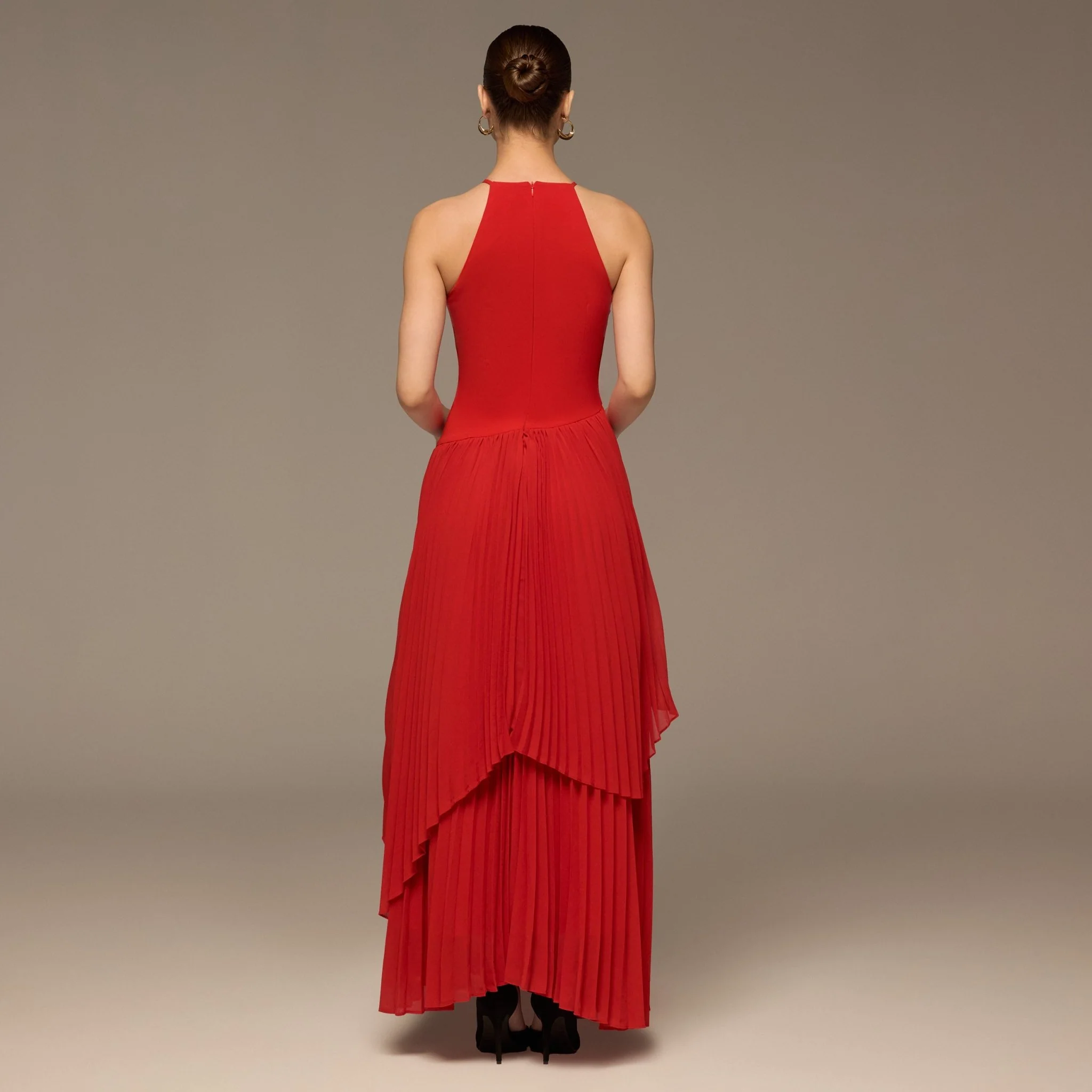Red Crepe & Chiffon Maxi Dress with Tiered Pleated Skirt - Image 4