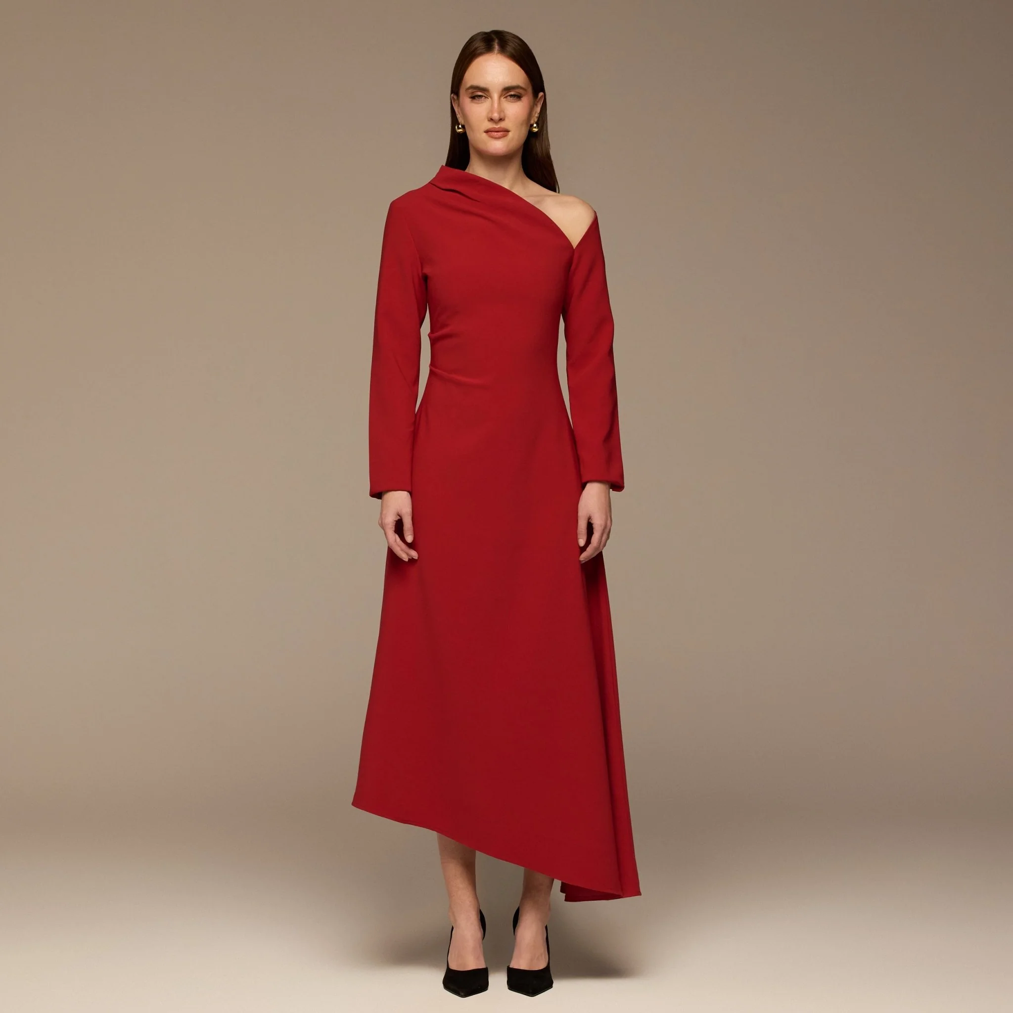Red Asymmetric Neckline Crepe Dress