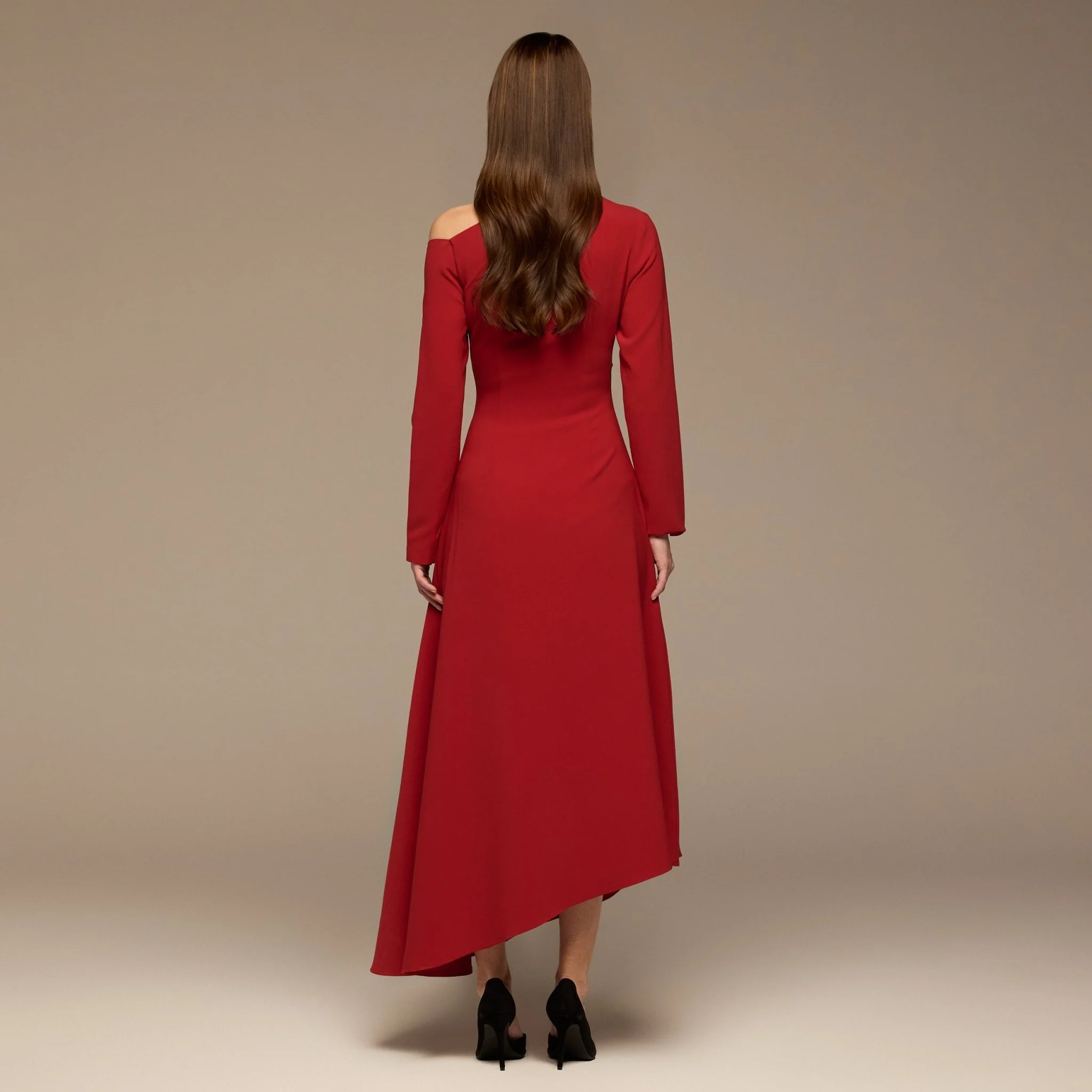 Red Asymmetric Neckline Crepe Dress - Image 4