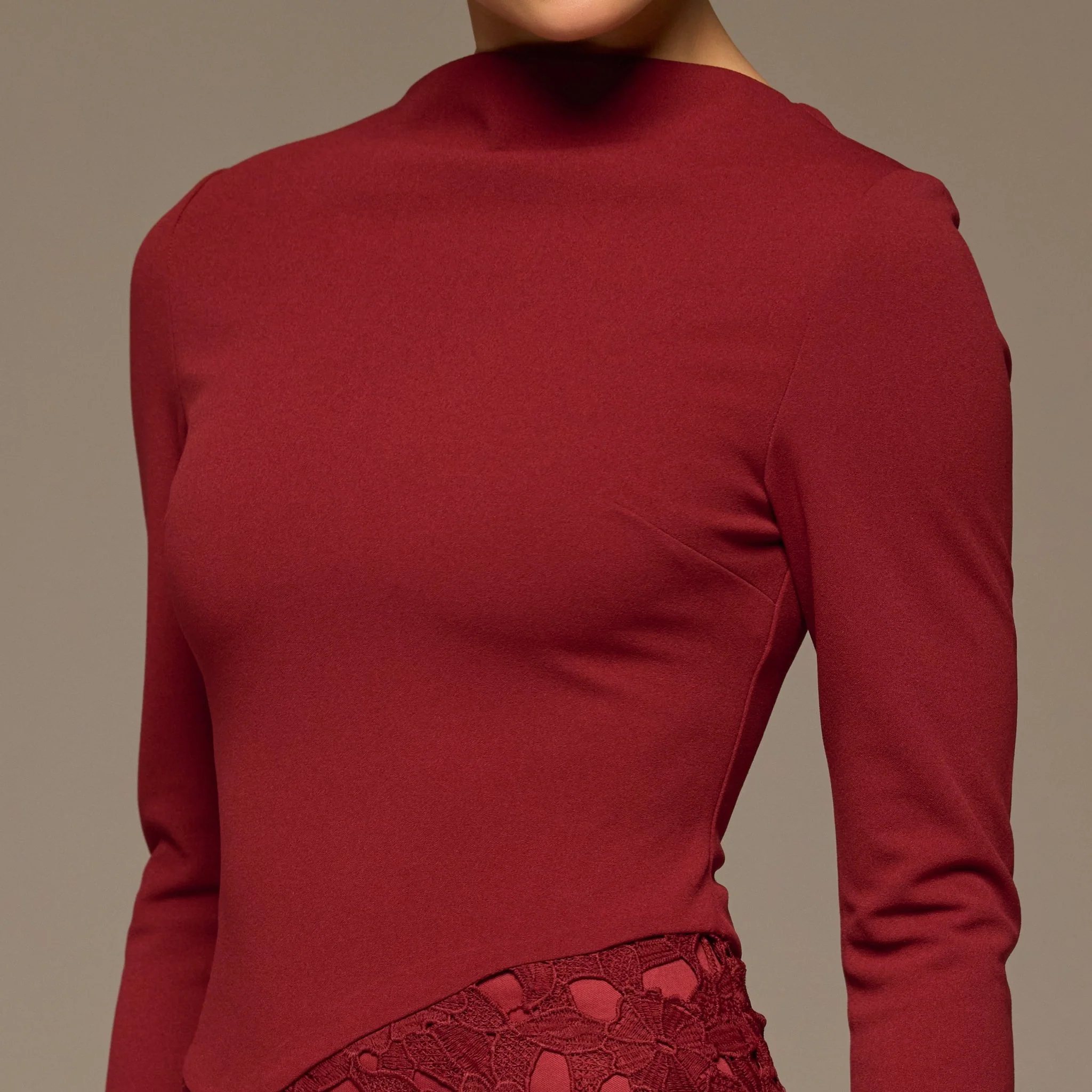 Plum Long Sleeve Lace-Overlay Crepe Dress - Image 3