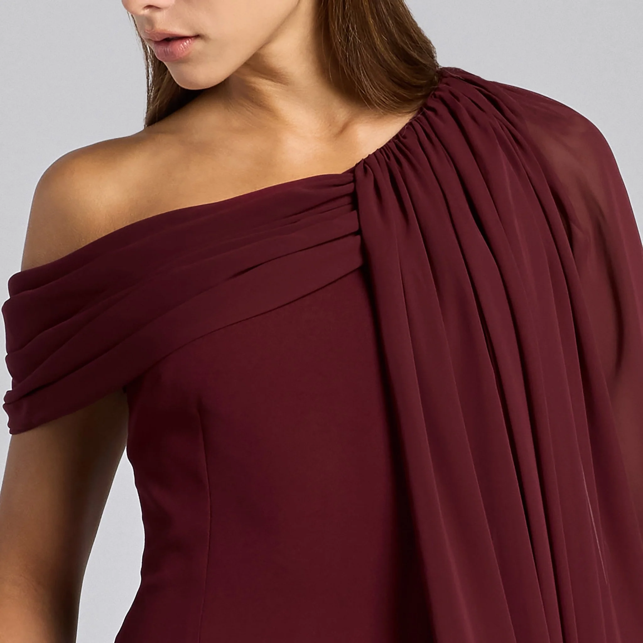 Burgundy One Shoulder Draped Cape Maxi Dress - Image 3