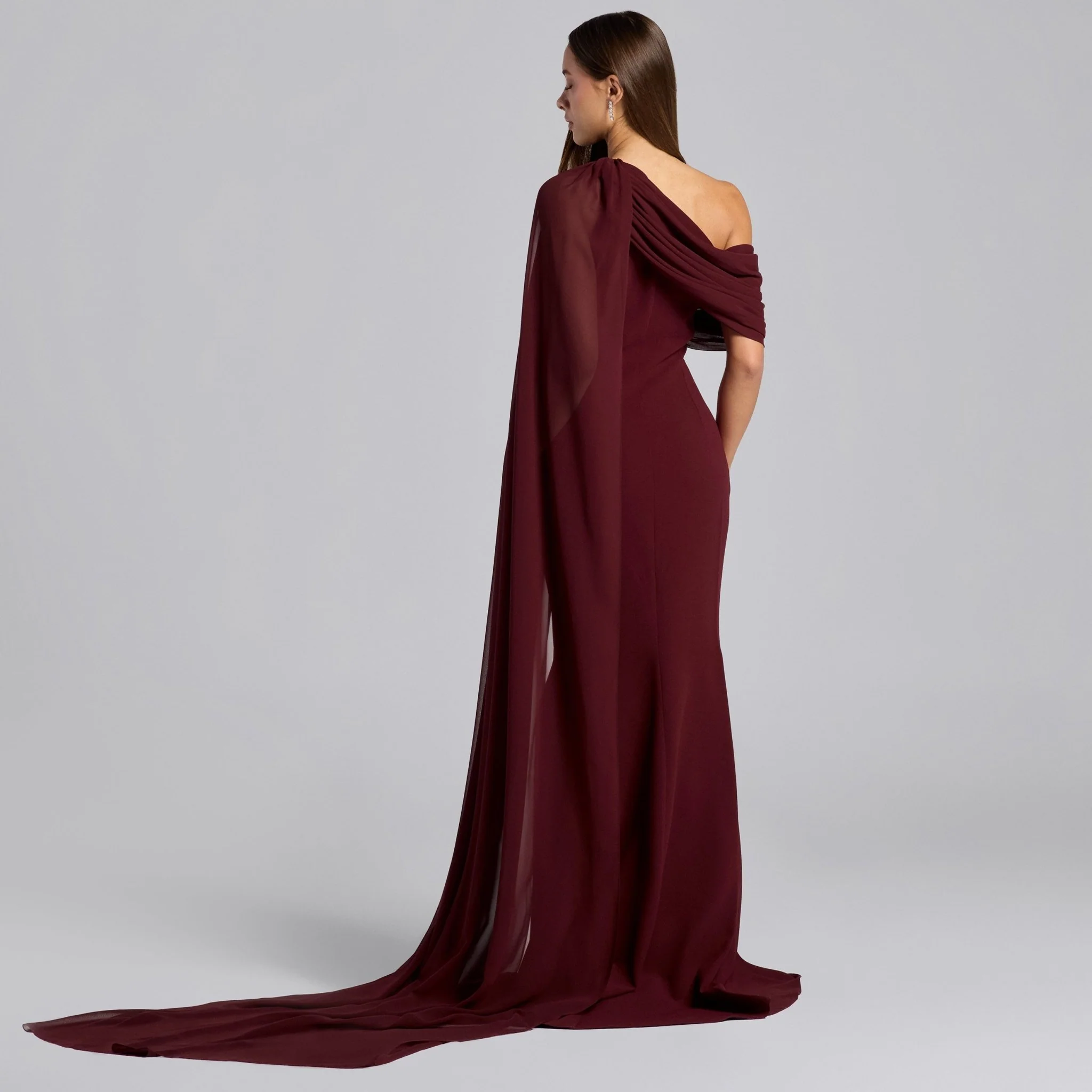 Burgundy One Shoulder Draped Cape Maxi Dress - Image 4