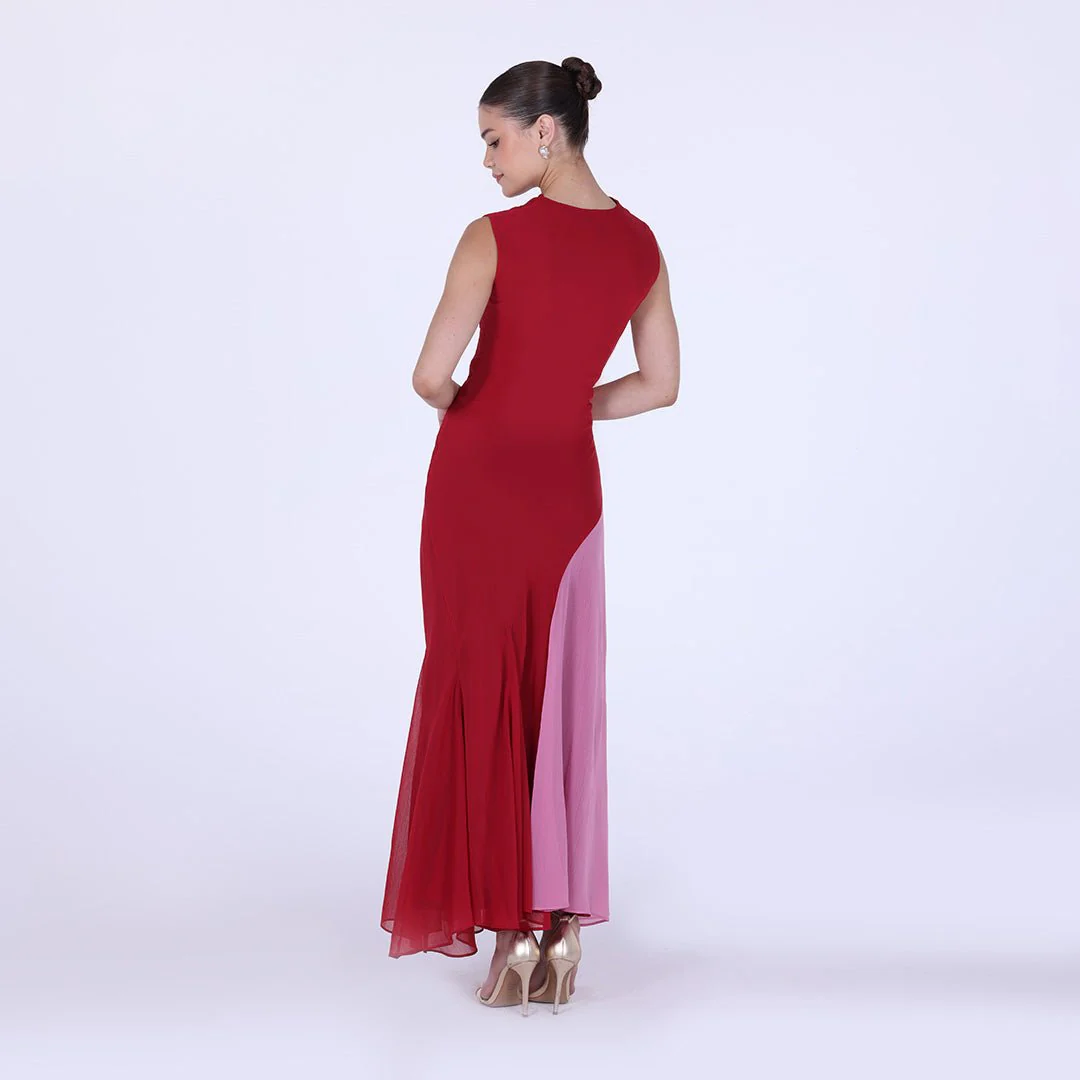 Red & Pink Two Tone High Neck Chiffon Maxi Dress - Image 4