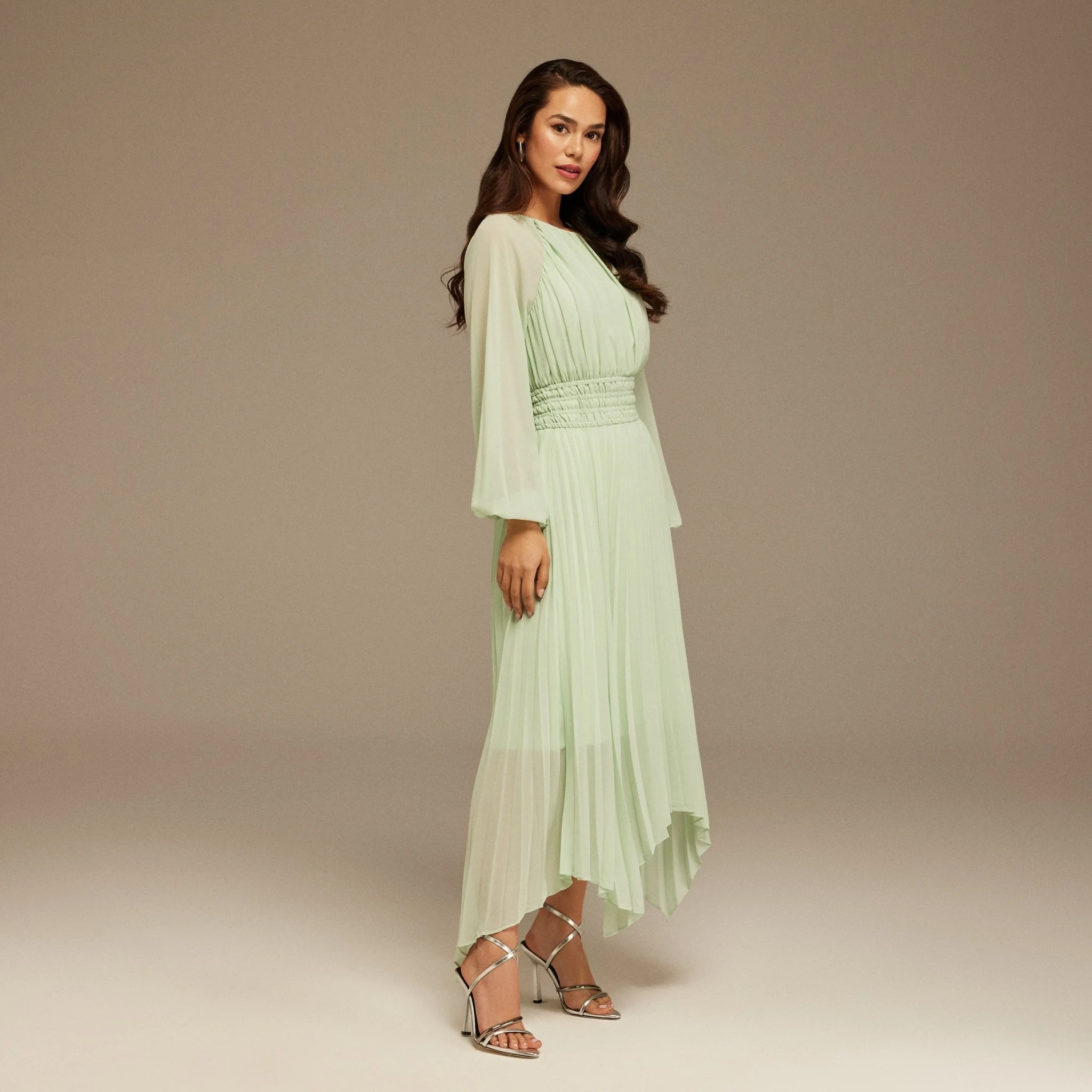 Mint Green Pink Chiffon Pleated Midi Dress - Image 2