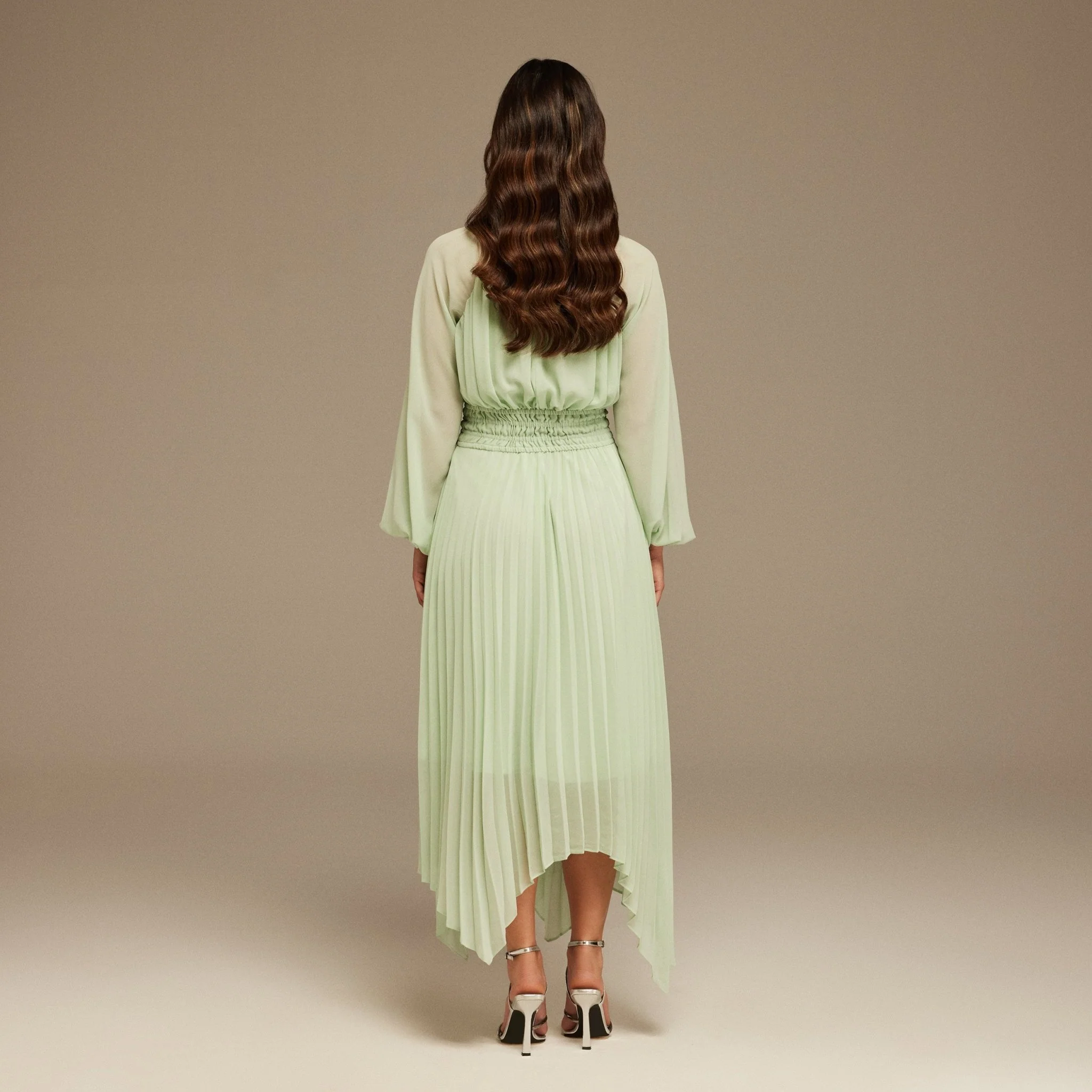 Mint Green Pink Chiffon Pleated Midi Dress - Image 4