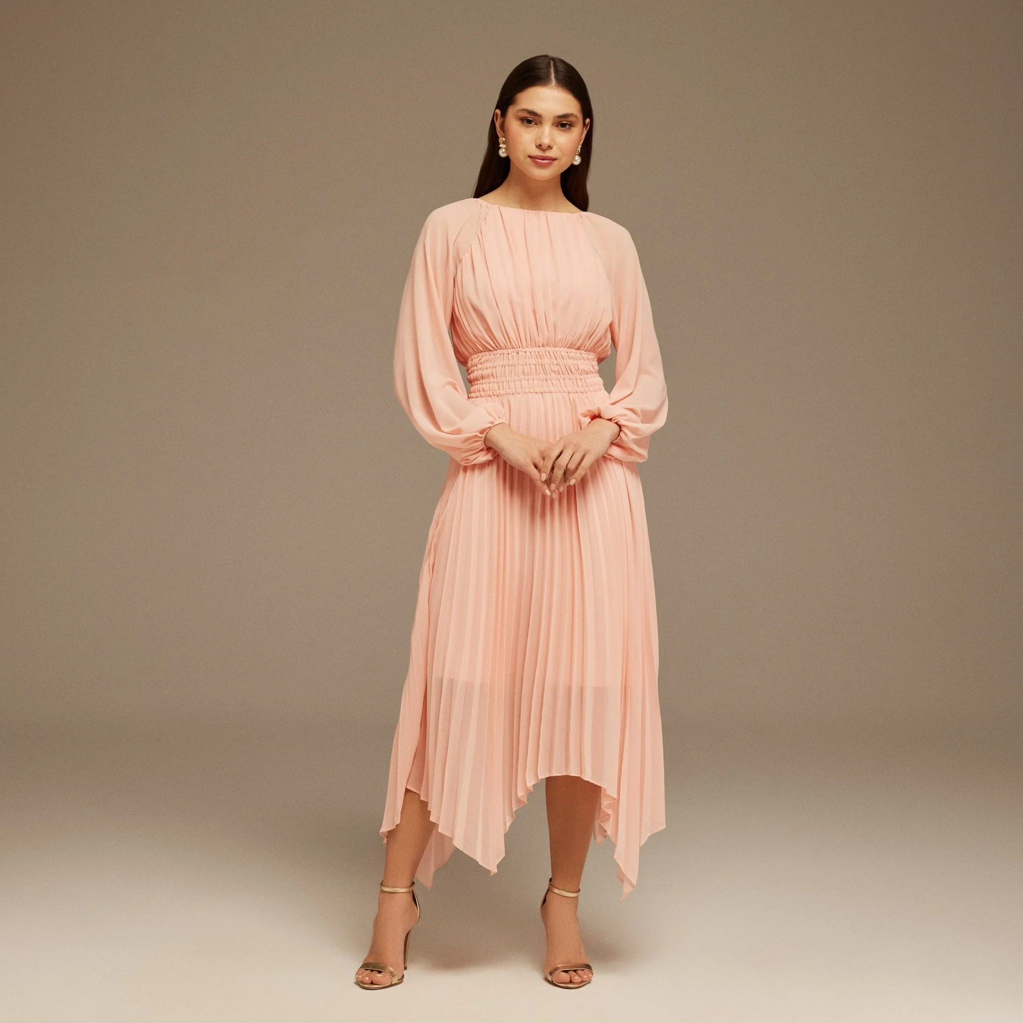 Pink Chiffon Pleated Midi Dress