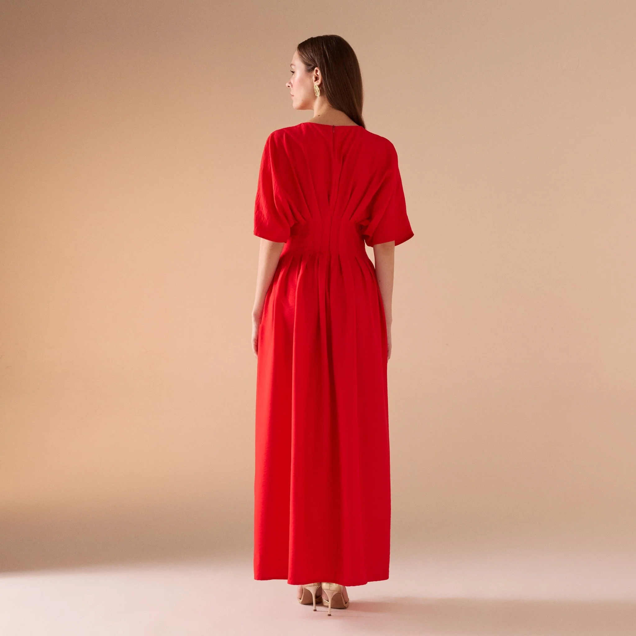 Red Ruched Waist Viscose Dress - Image 3