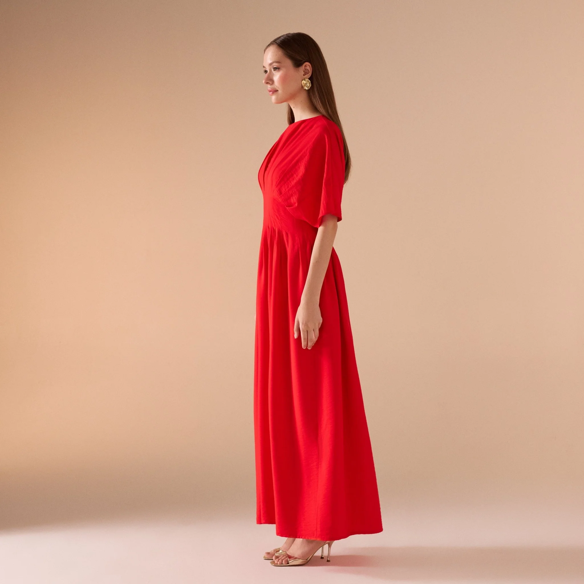 Red Ruched Waist Viscose Dress - Image 4