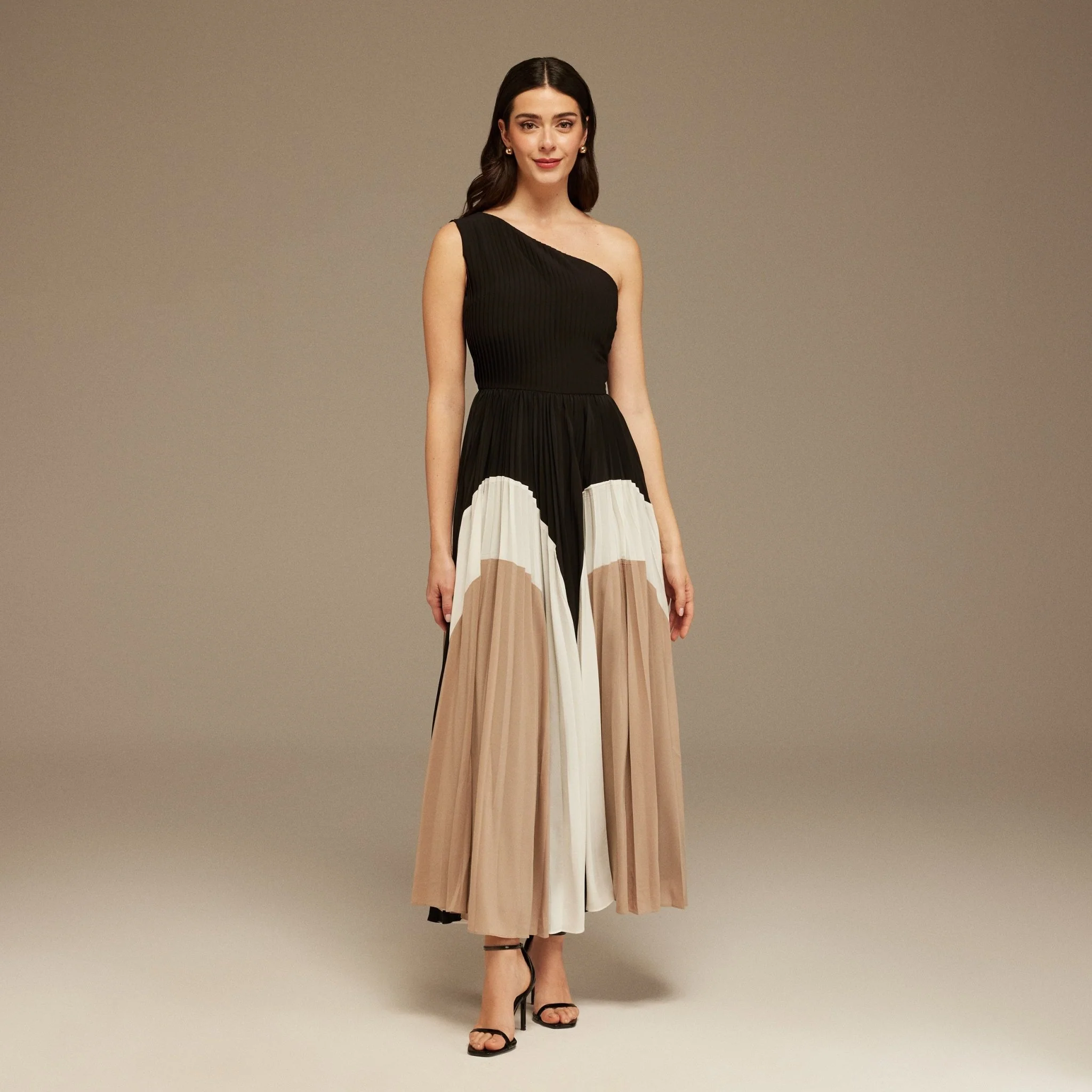 Black Satin Gathered shoulder Pleated Skirt Dress