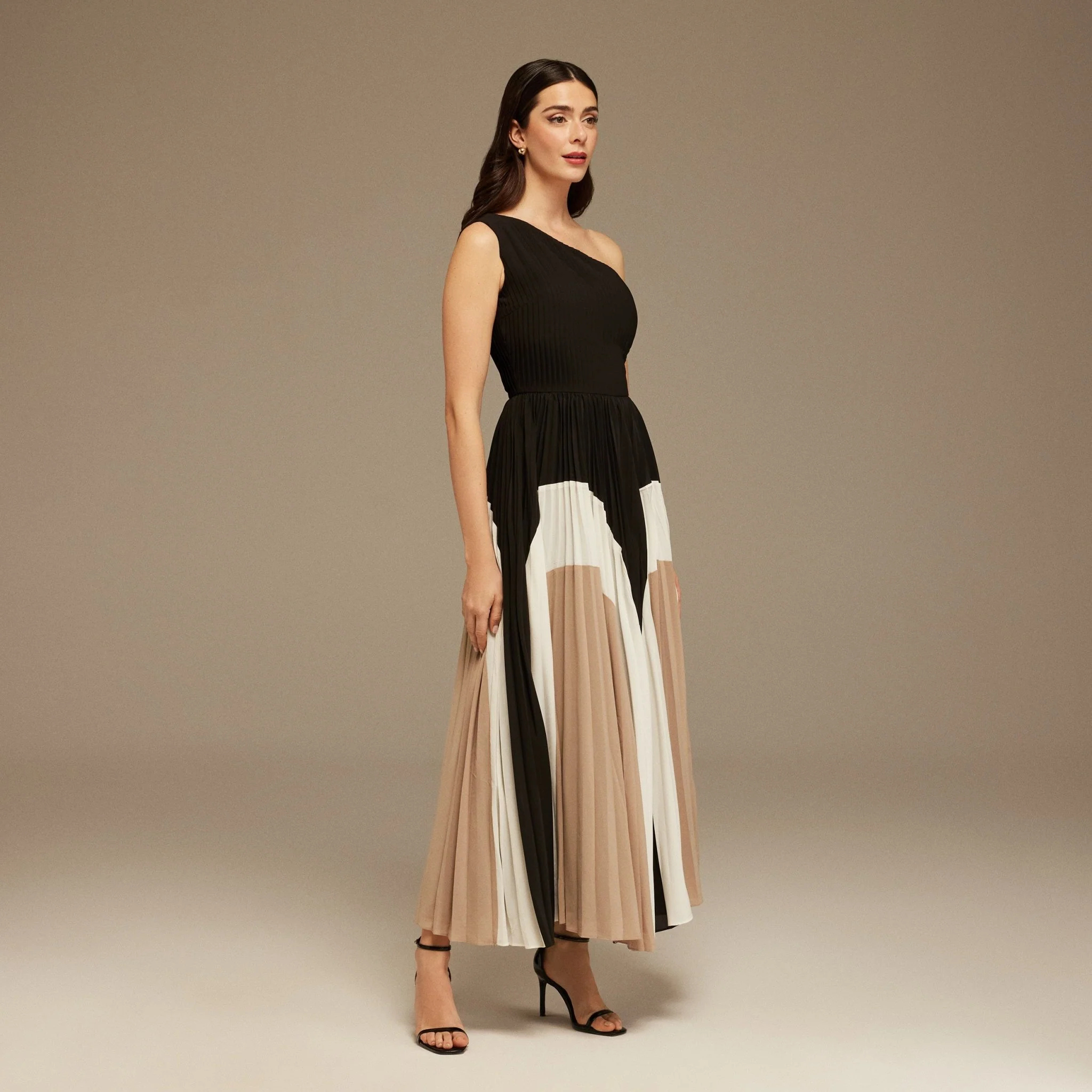Black Satin Gathered shoulder Pleated Skirt Dress - Image 2