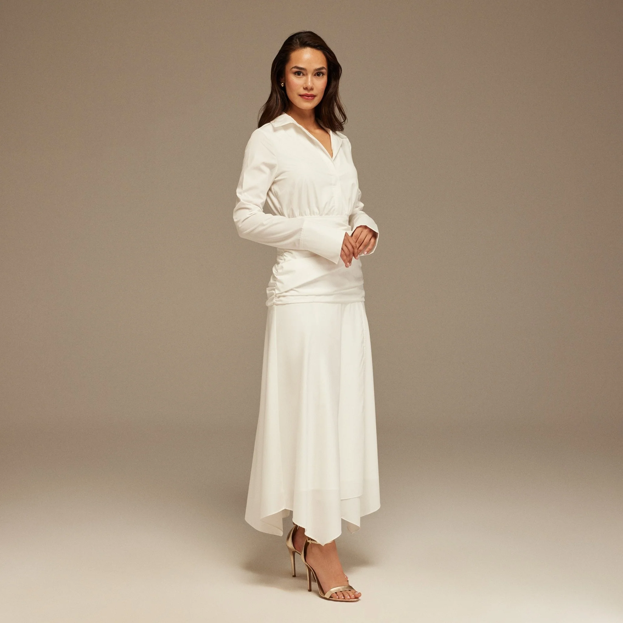 White Poplin Shirt Dress With Gathered Waist - Image 2