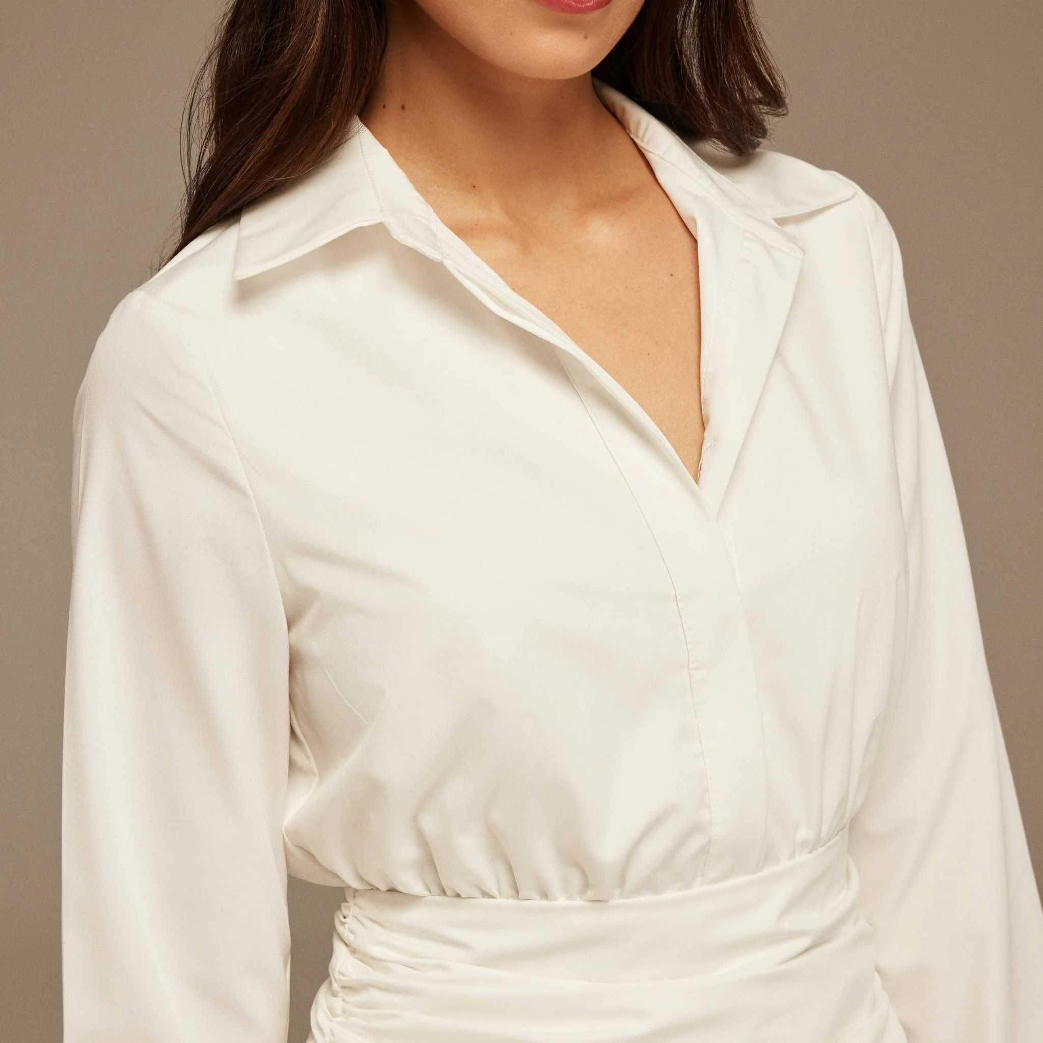 White Poplin Shirt Dress With Gathered Waist - Image 3