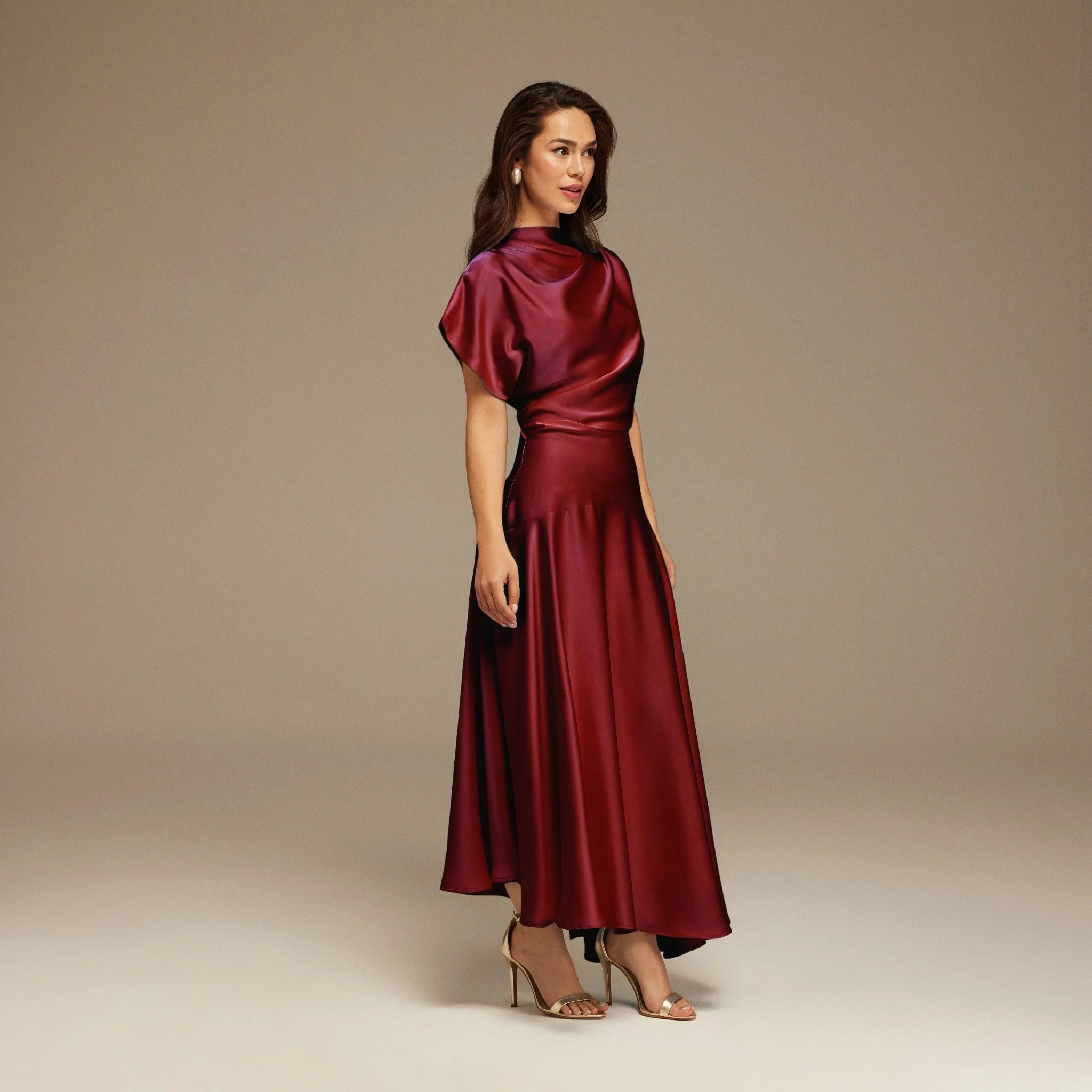 Burgundy Short Sleeve Asymmetric Satin Dress - Image 2