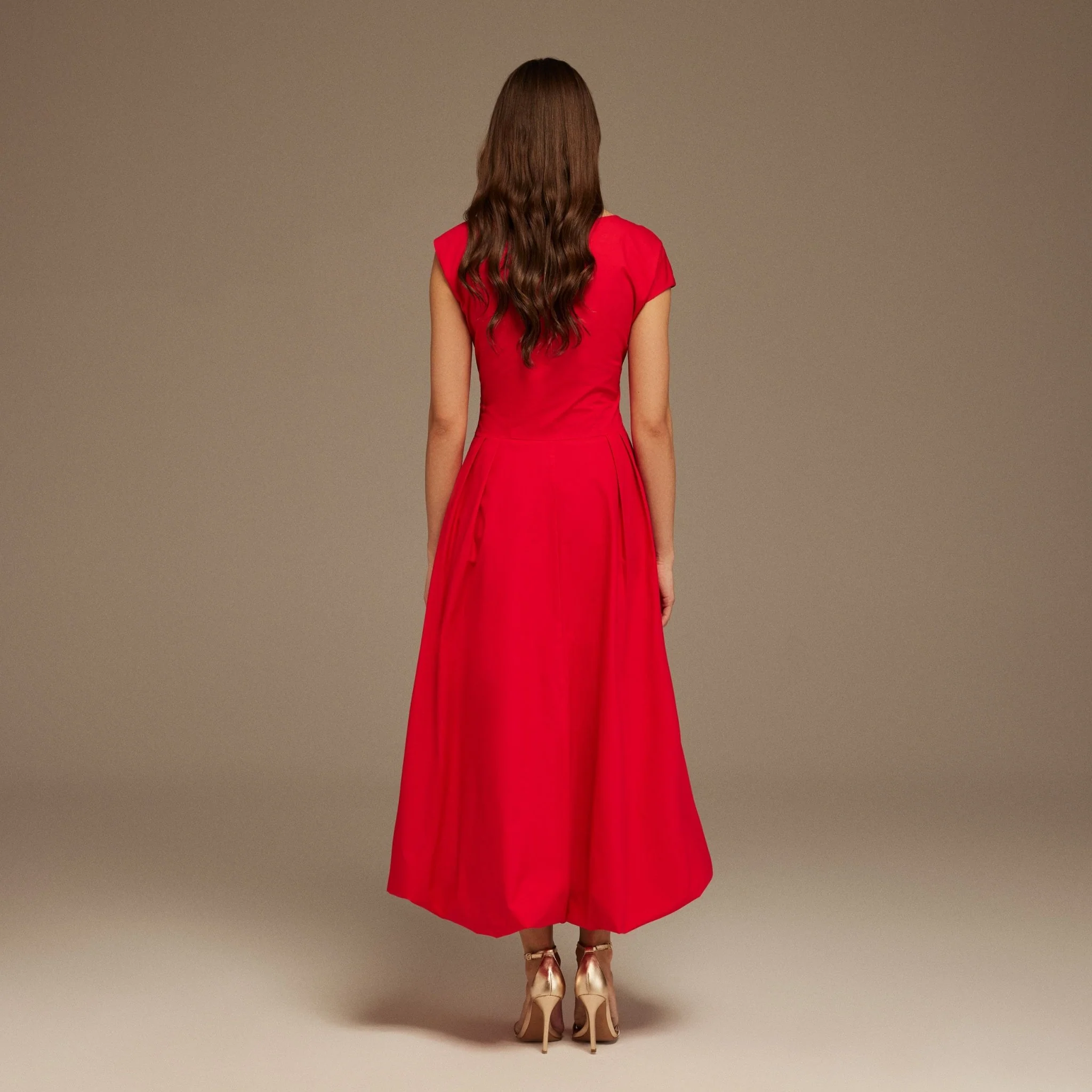 Red Short Sleeve Balloon Midi Dress - Image 4