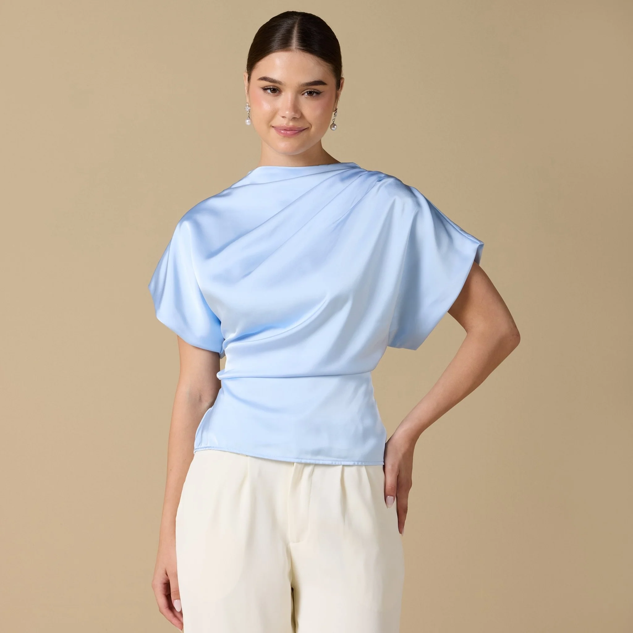 Short Sleeve Dropped Satin Top - Image 5