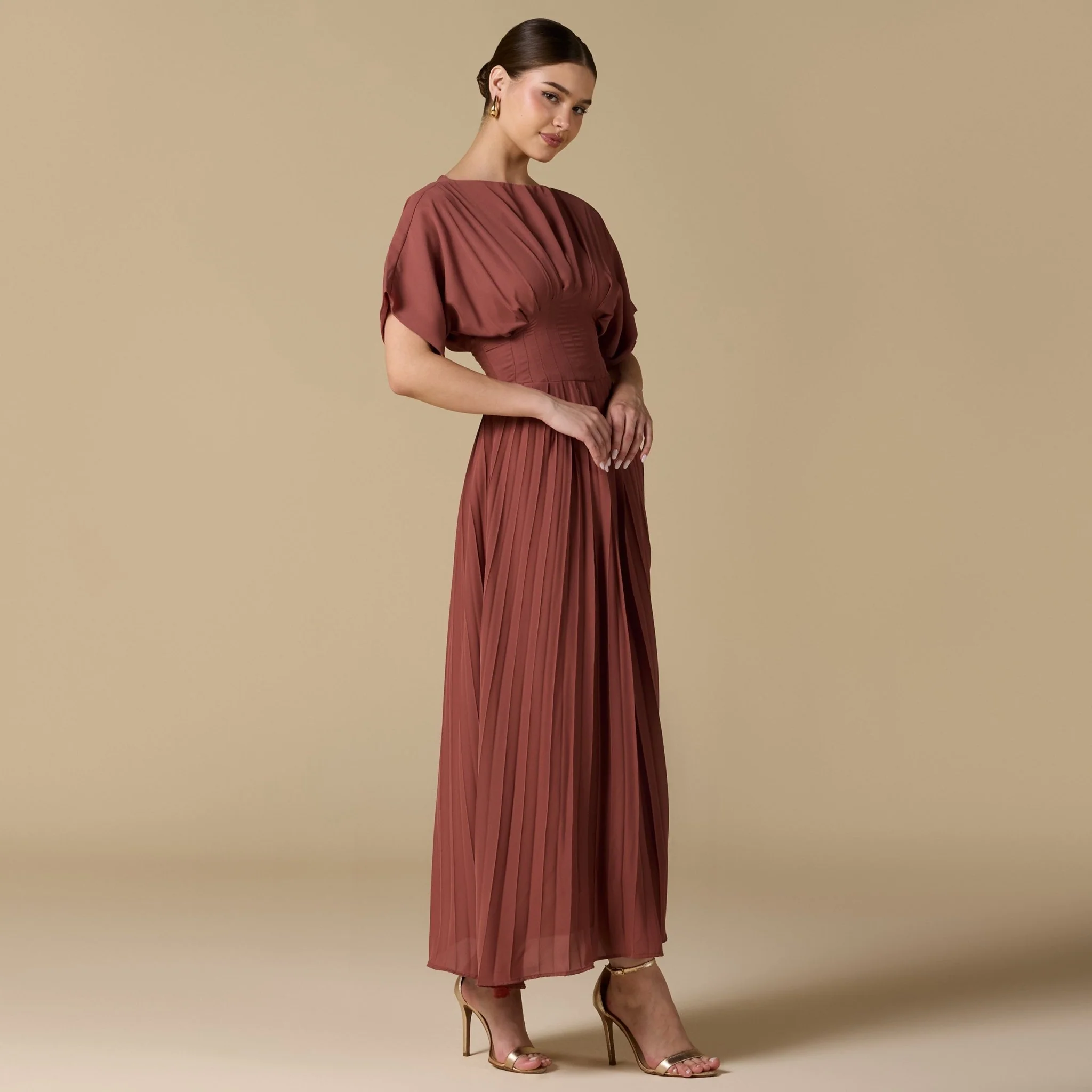 Muted Clay Short Sleeve Maxi Dress With Pleated Skirt - Image 2