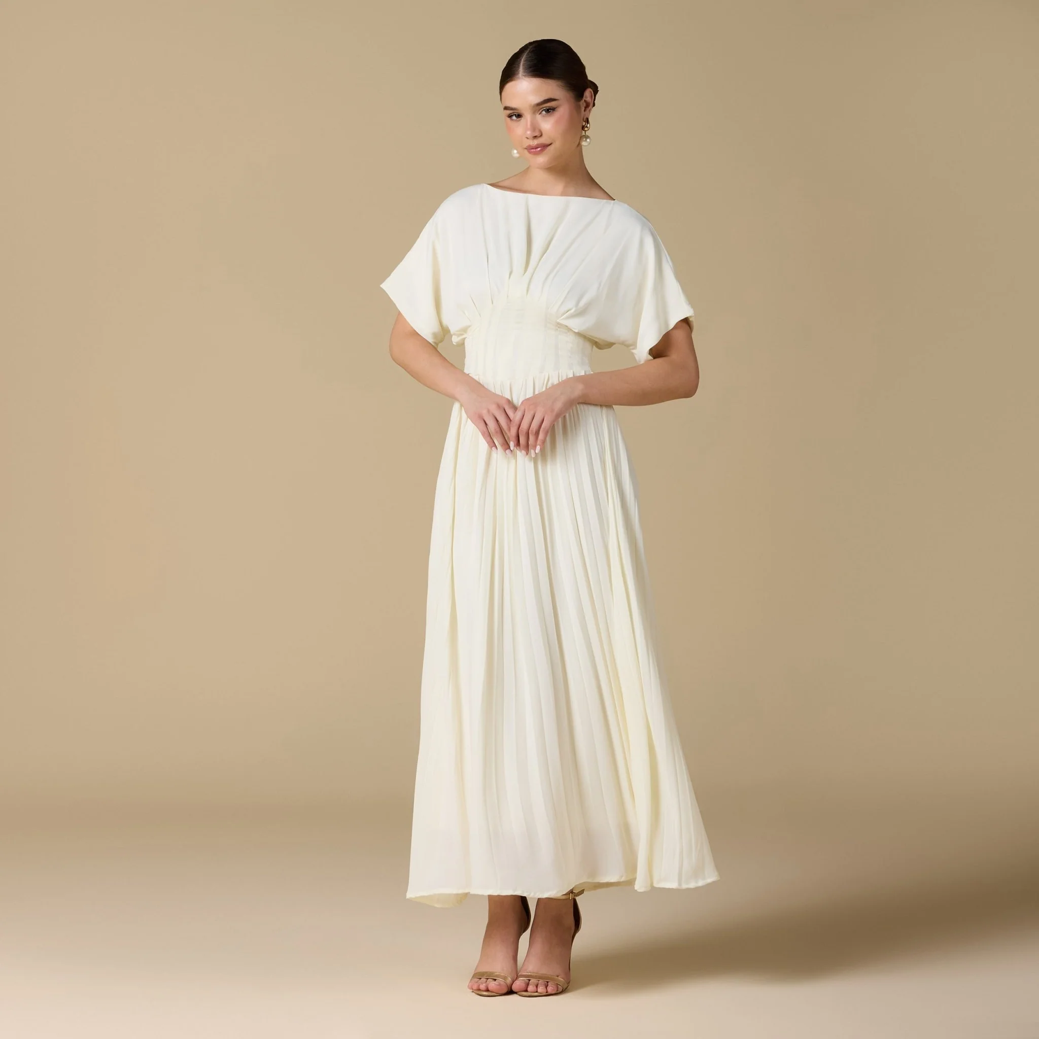 Ivory Short Sleeve Maxi Dress With Pleated Skirt
