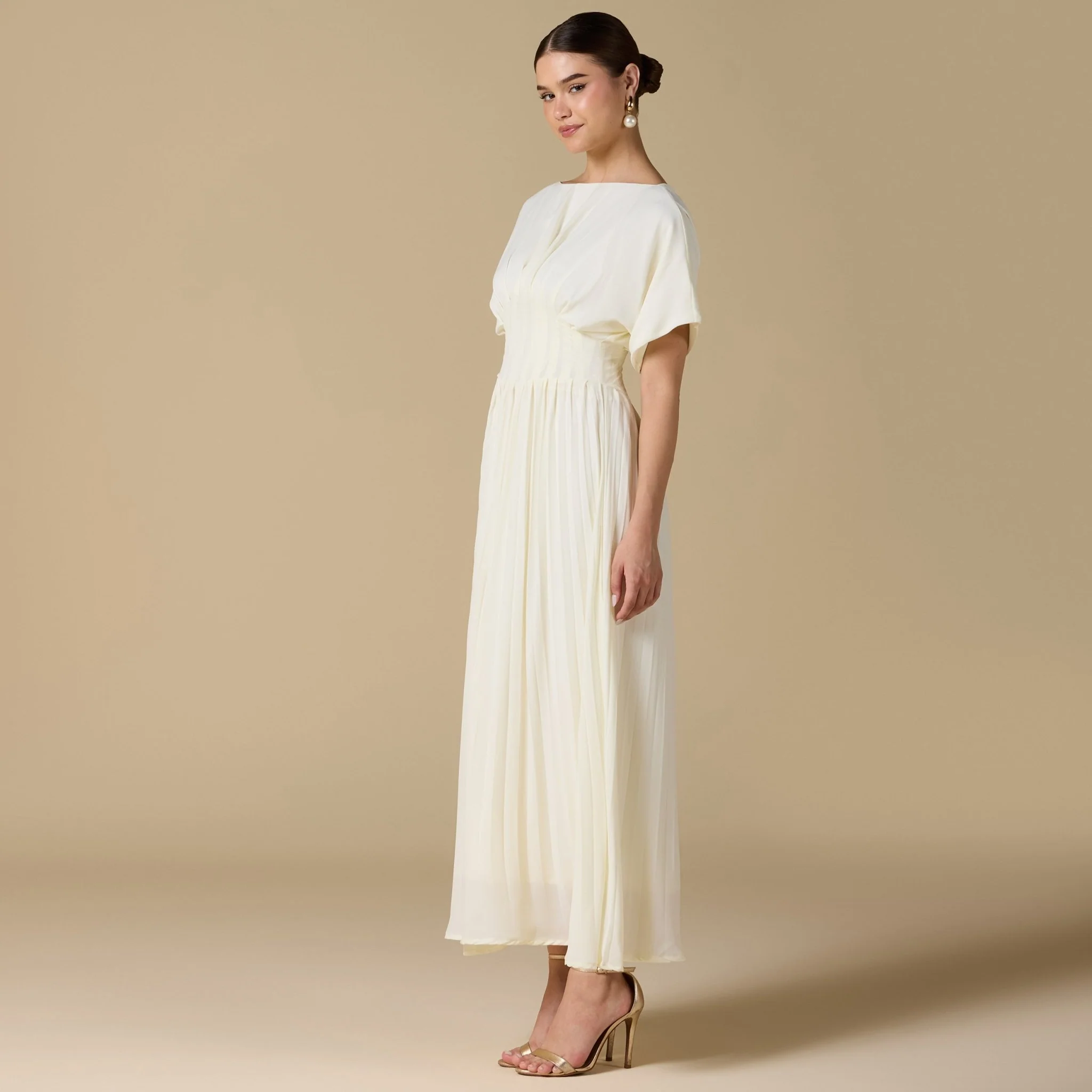 Ivory Short Sleeve Maxi Dress With Pleated Skirt - Image 2