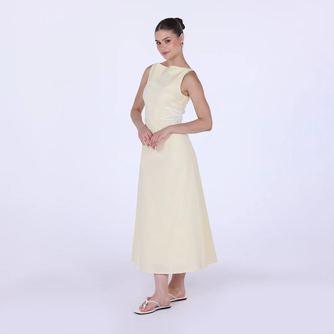 Sleeveless A-line Linen Midi Dress With Waist Embroidery
