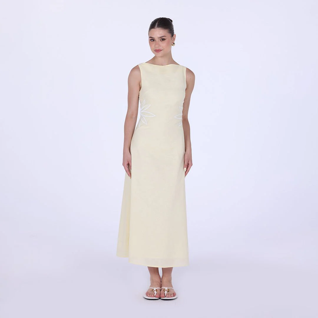 Sleeveless A-line Linen Midi Dress With Waist Embroidery - Image 2