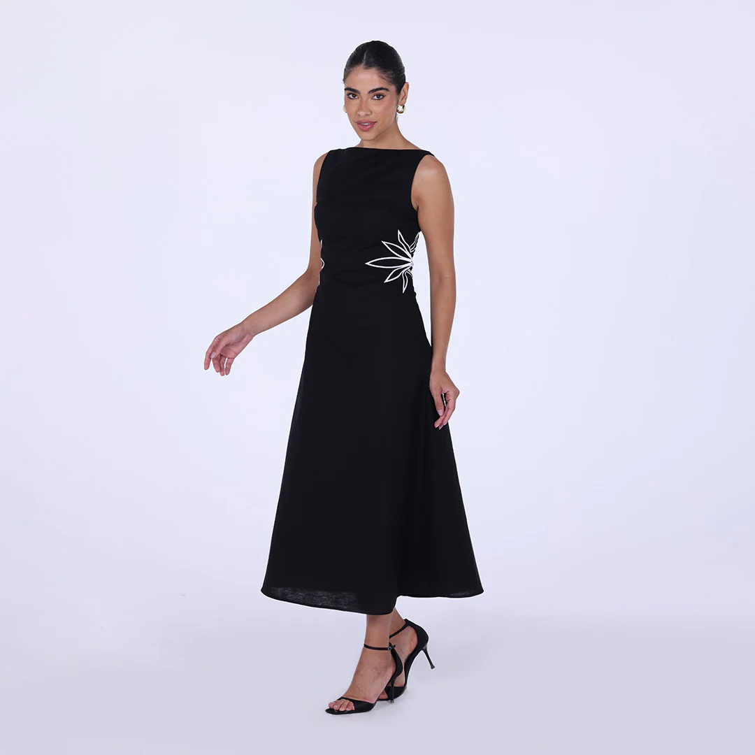Sleeveless A-line Linen Midi Dress With Waist Embroidery - Image 5