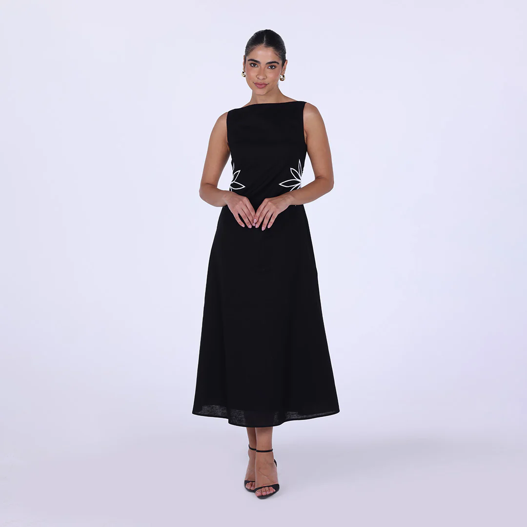 Sleeveless A-line Linen Midi Dress With Waist Embroidery - Image 6
