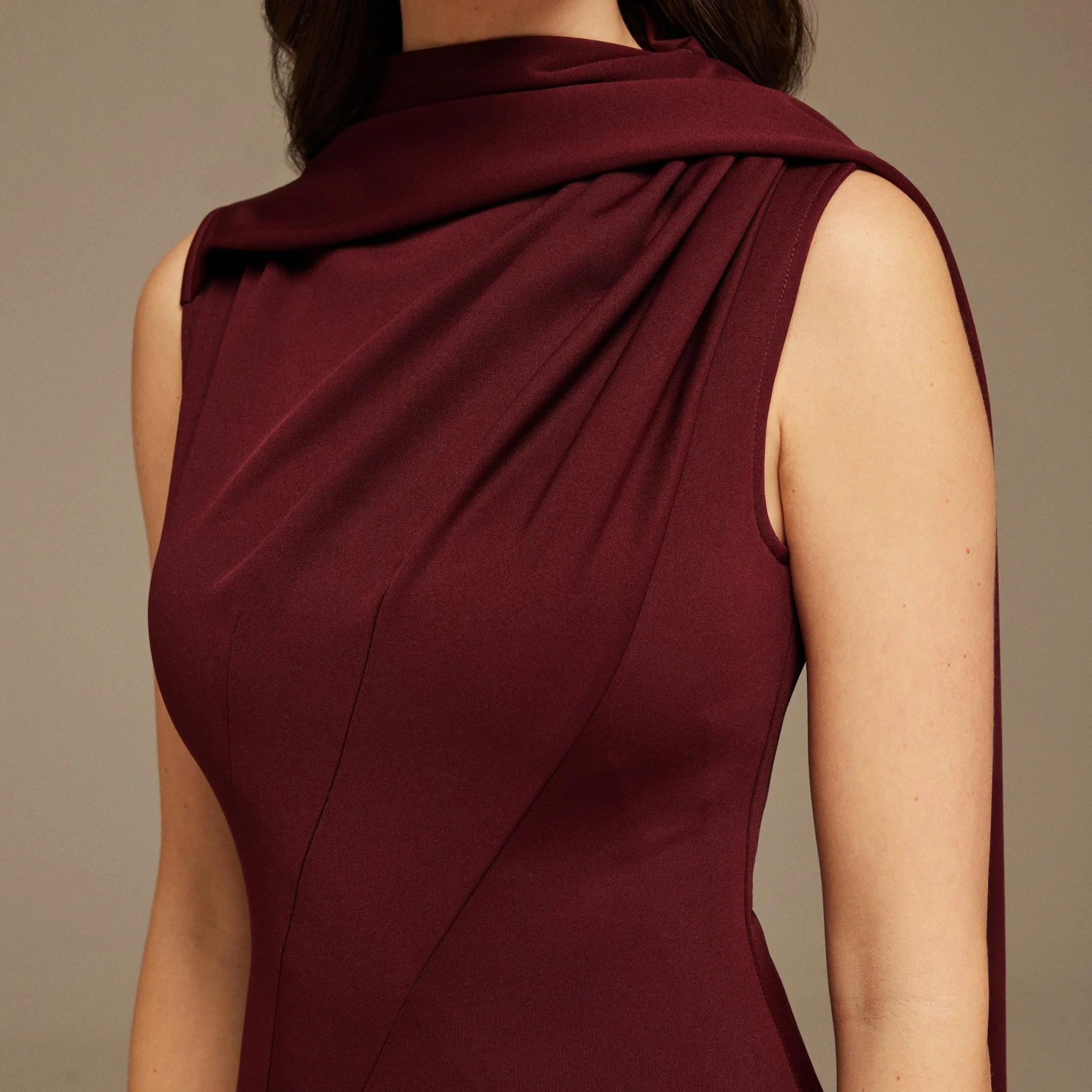 Plum Sleeveless Aline Midi Dress With Shoulder Scarf - Image 3