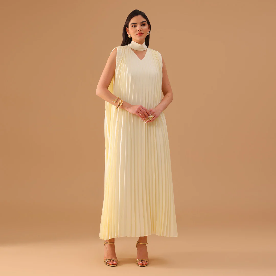 Beige Sleeveless Chiffon Pleated Dress