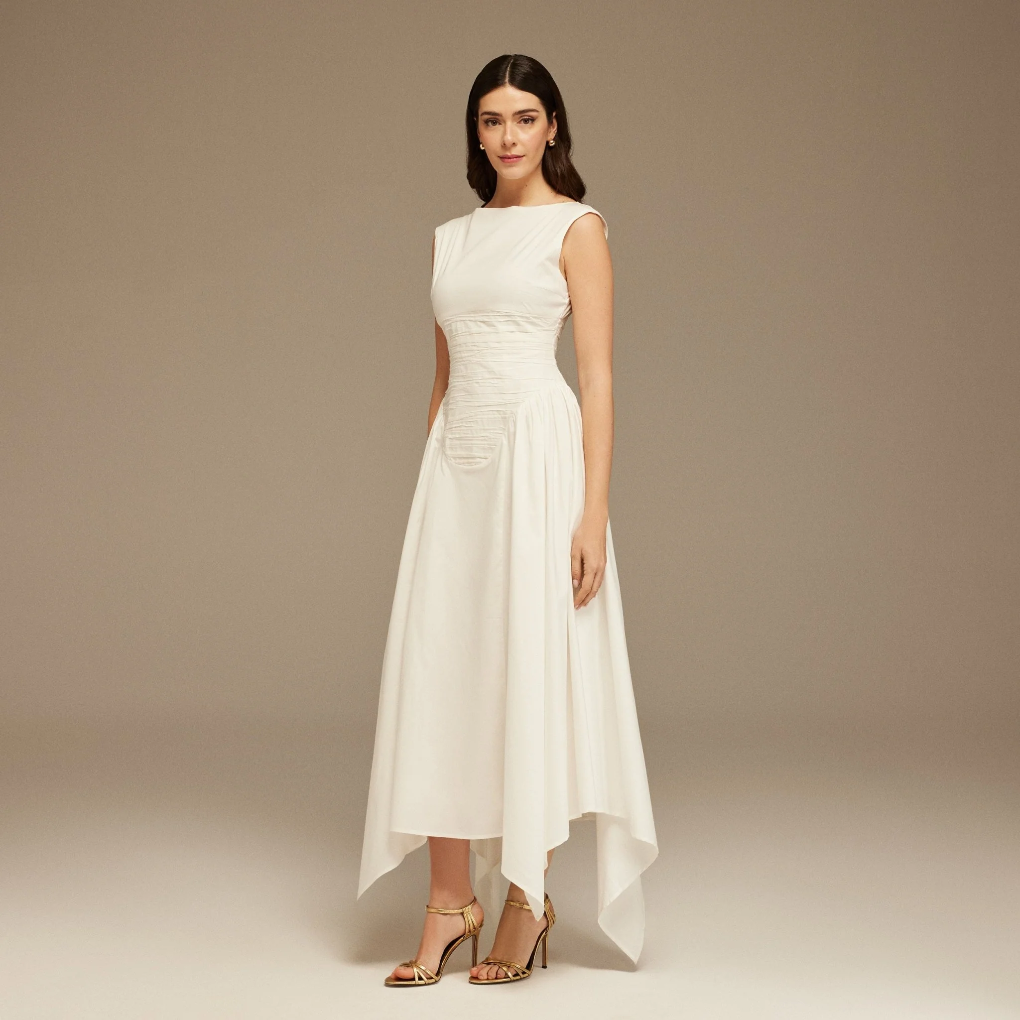 Off White Sleeveless Poplin Pleated Dress - Image 2
