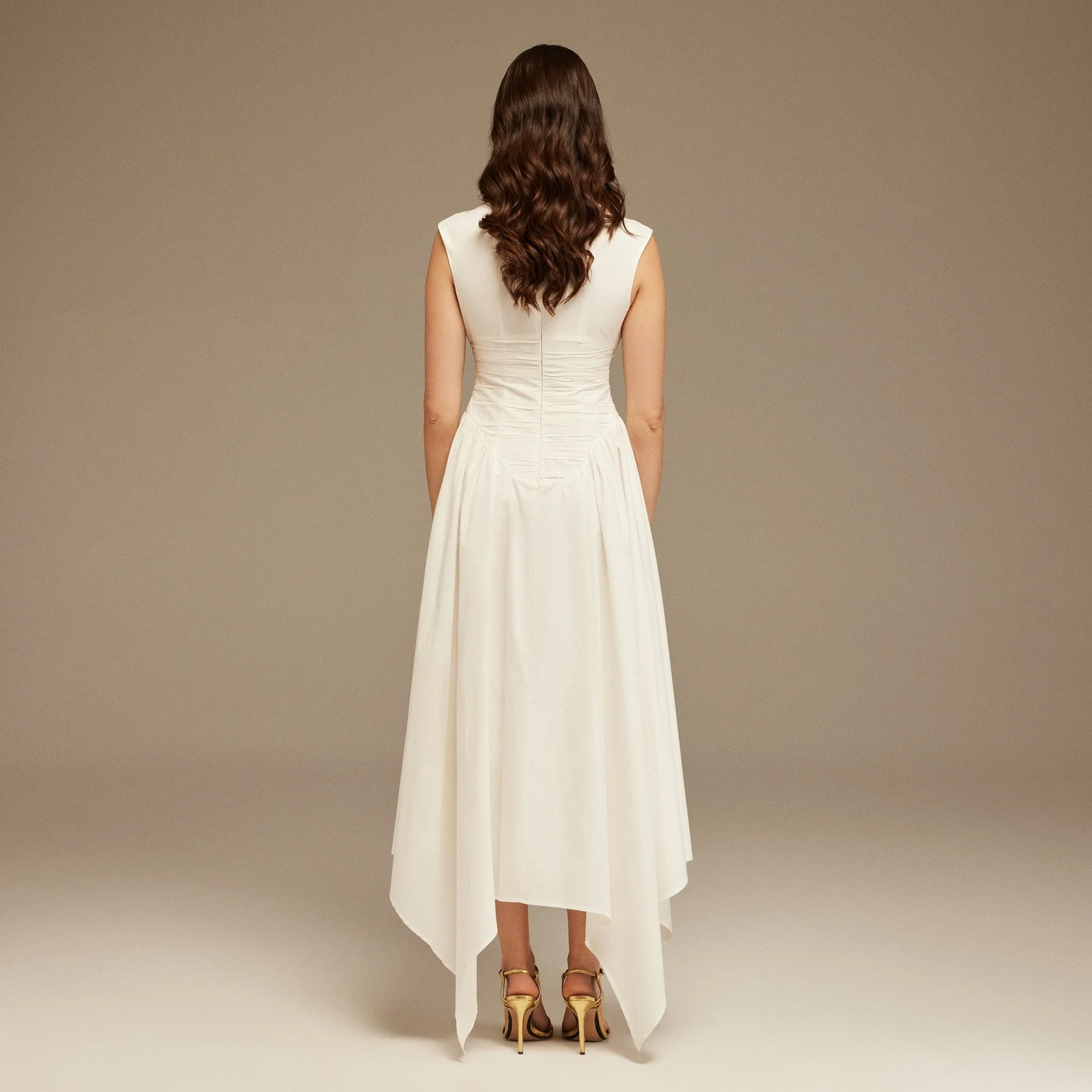 Off White Sleeveless Poplin Pleated Dress - Image 4